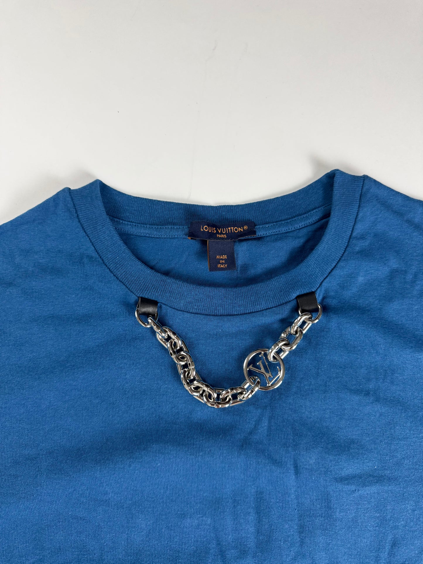 Louis Vuitton Sample Royal Blue Cotton Attached Silver Chain Neckline Detail Tee Shirt 2010s - M