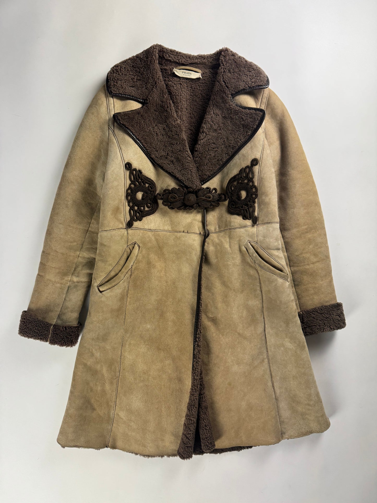 Prada Shearling Embroidered Frog Closure Sheepskin Collar Coat FW 2005 - S