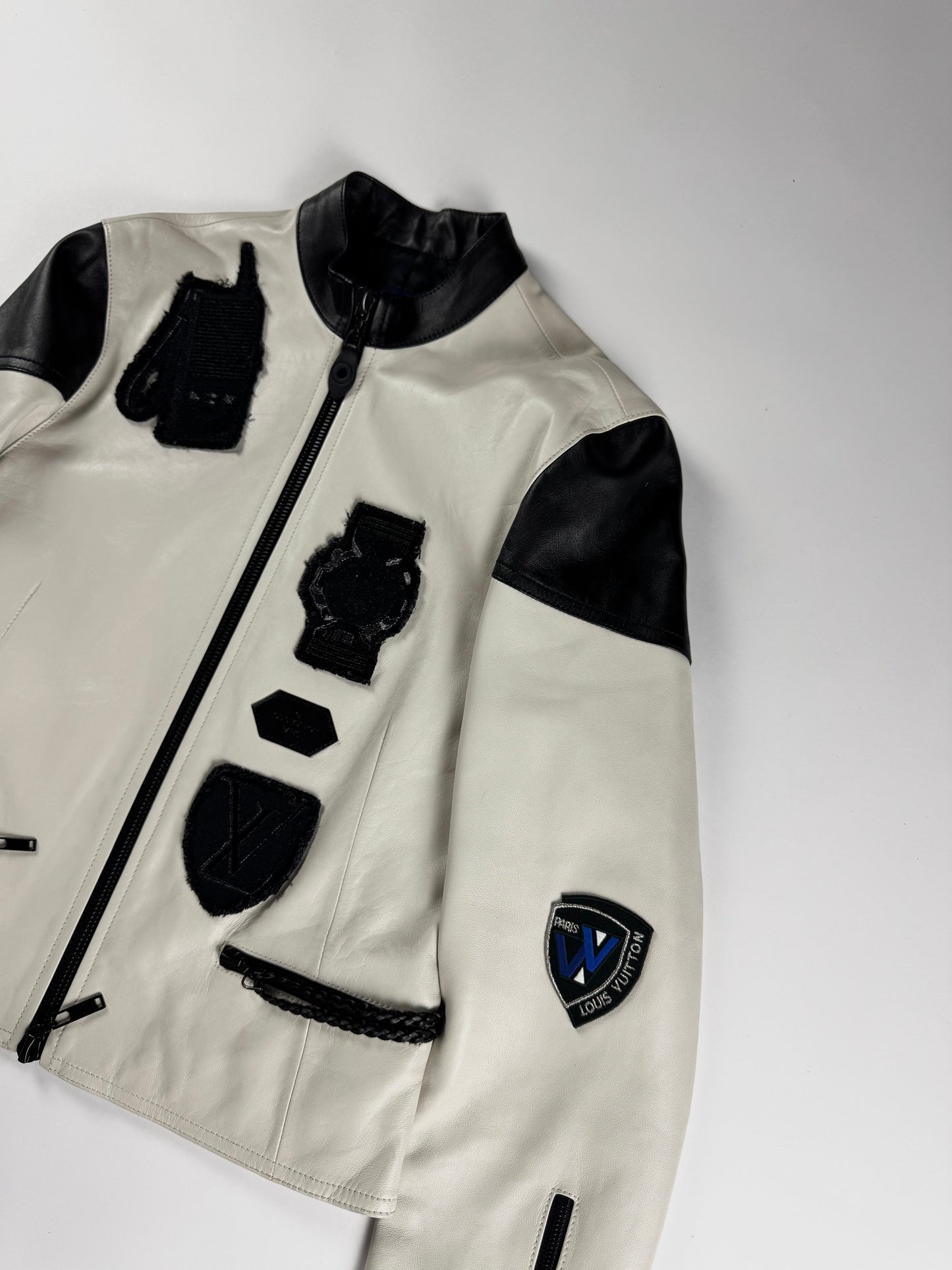 Louis Vuitton Sample White Leather Black Multi Patch Logo Badge Racer Jacket FW 2017 - S