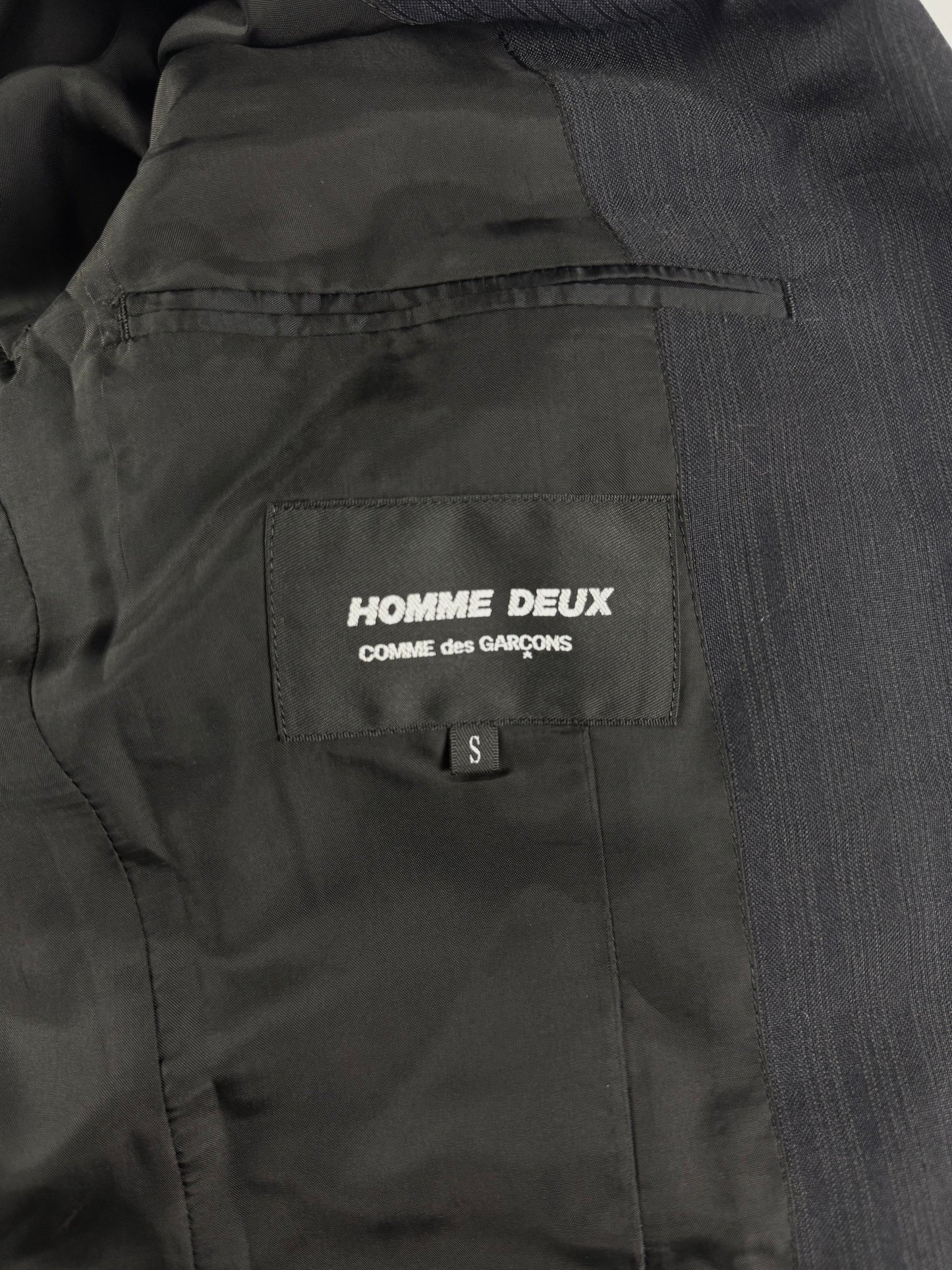 Comme des Garçons Homme Plus Dark Grey Pinstripe Peak Lapel Extended Double Button Cuff Wool Blazer Jacket FW 2019 - S