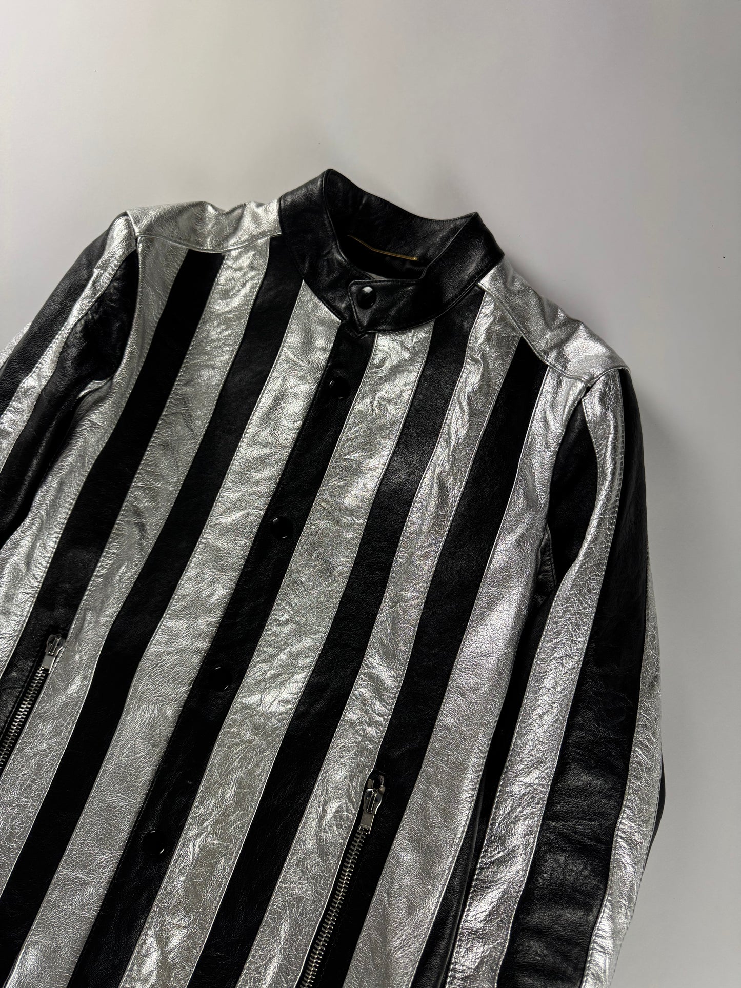 Saint Laurent Sample Metallic Silver Striped Leather Jacket Pre Fall 2015 - XS