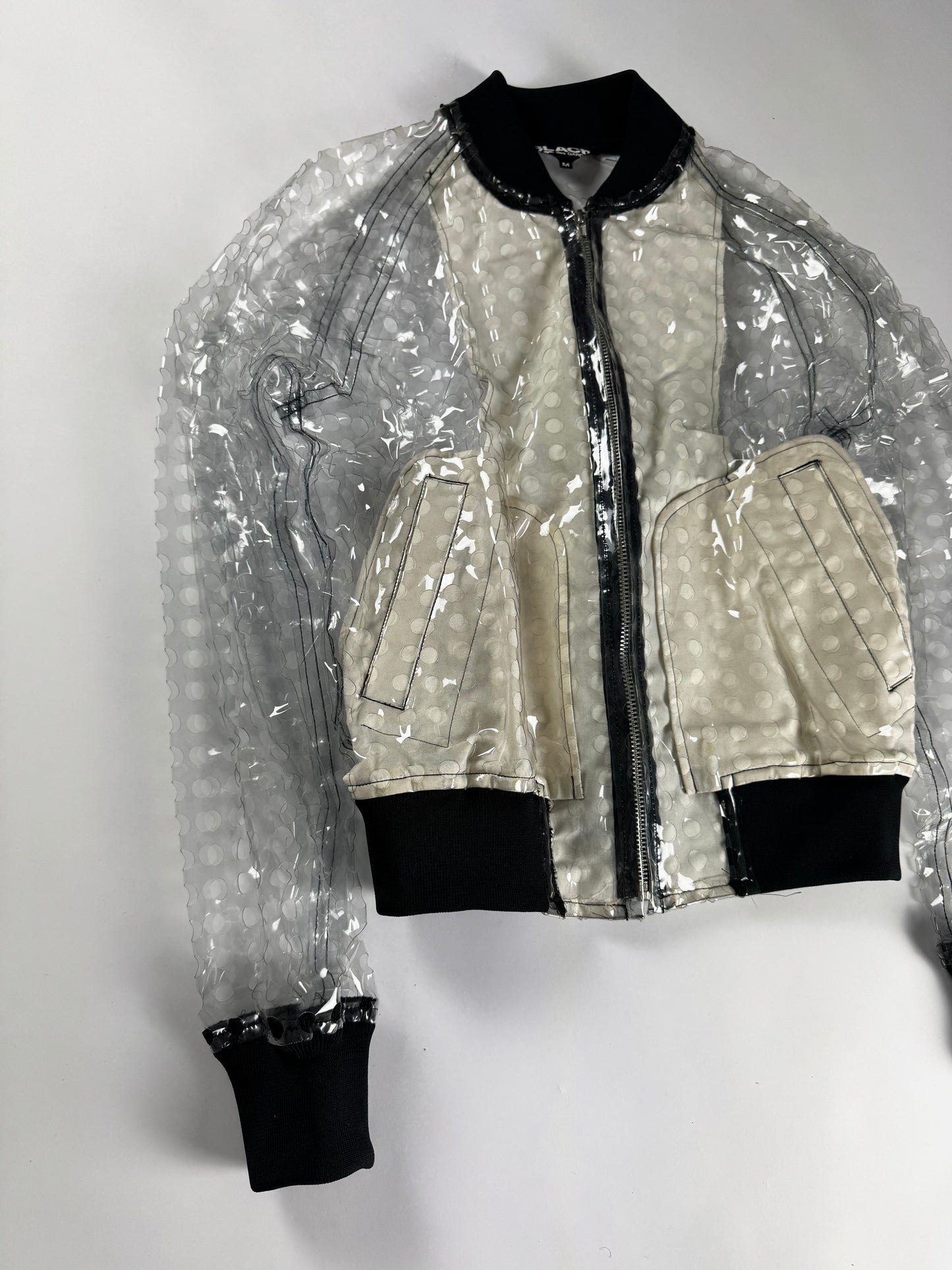 Comme des Garçons BLACK Clear PVC Transparent Polka Dot Lining Black Ribbed Trim Bomber Jacket 2020s - M