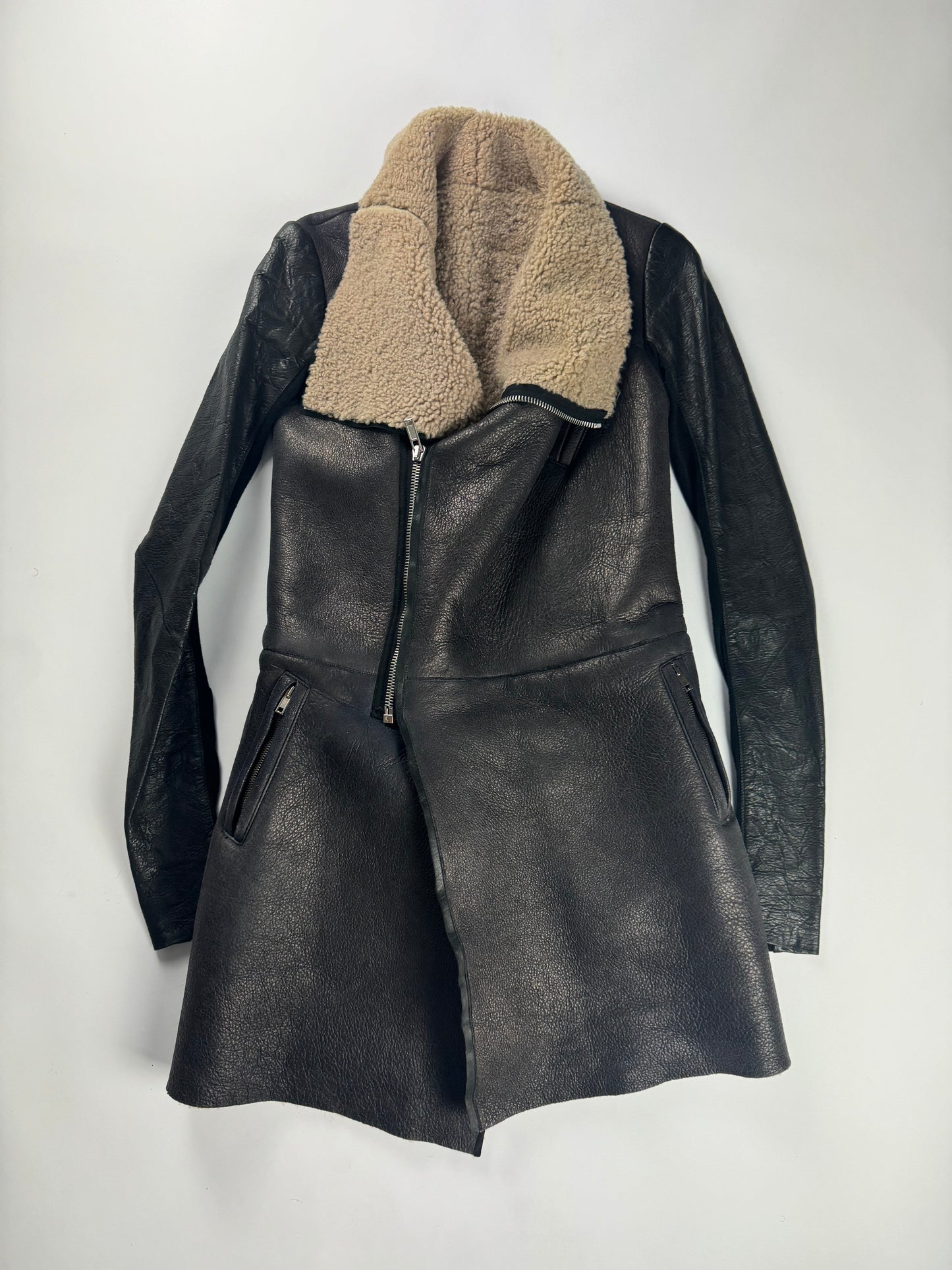 Rick Owens Long Asymmetric Shearling Oblique Coat 2010s - S