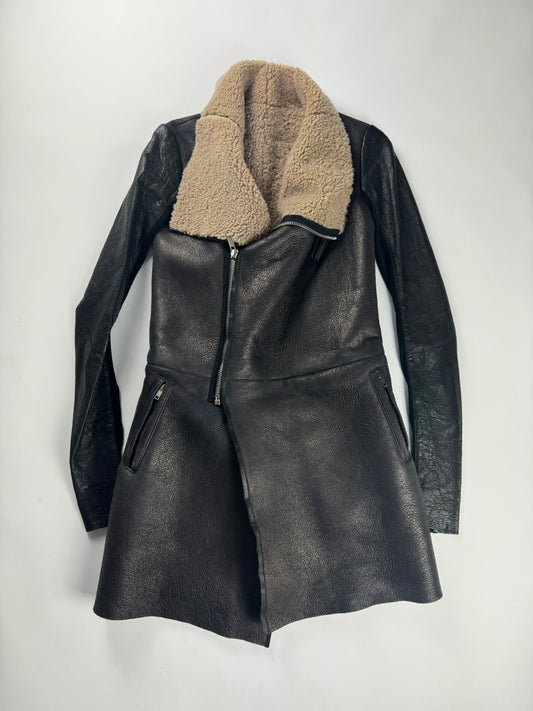Rick Owens Long Asymmetric Shearling Oblique Coat 2010s - S