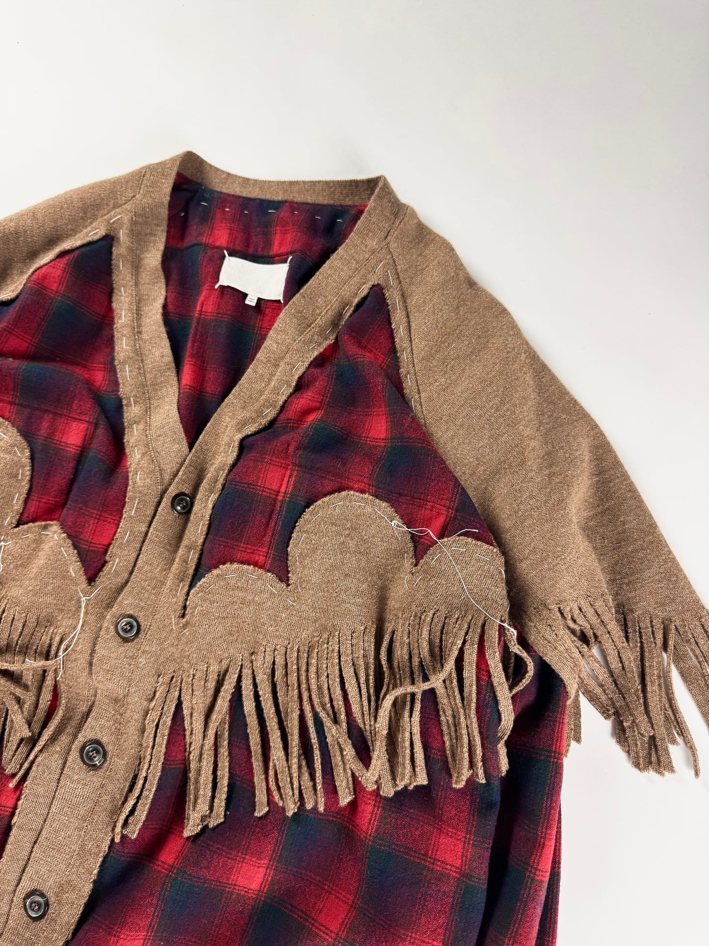 Maison Margiela x Pendleton Red Tartan Plaid Tan Knit Western Fringe Cardigan FW 2023 - XXL