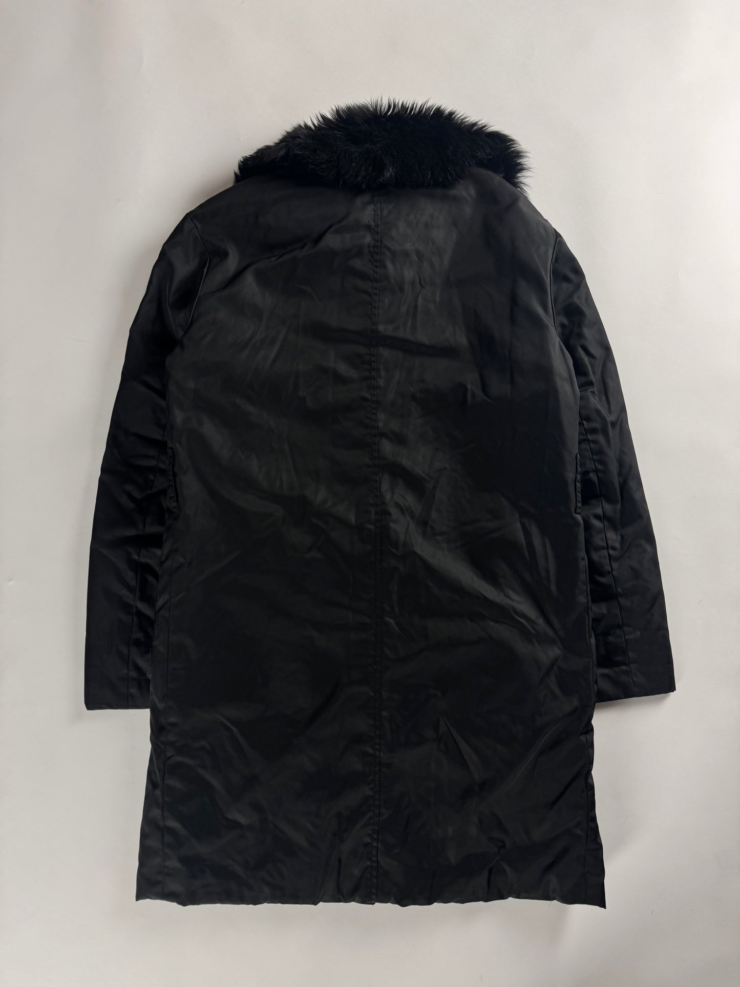 Prada Fur Collar Long Dark Nylon Coat 2000s - S