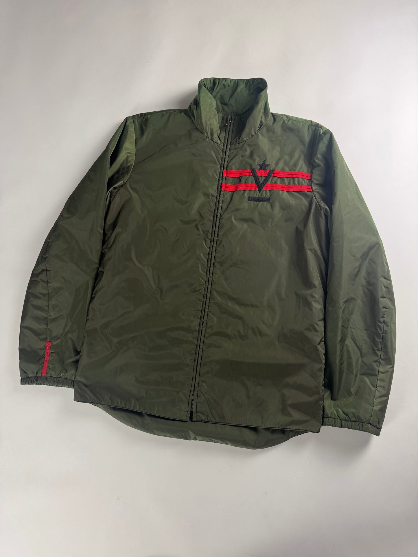 Prada Linea Rossa Side Red Striped Olive Green Nylon Jacket 2000s - M