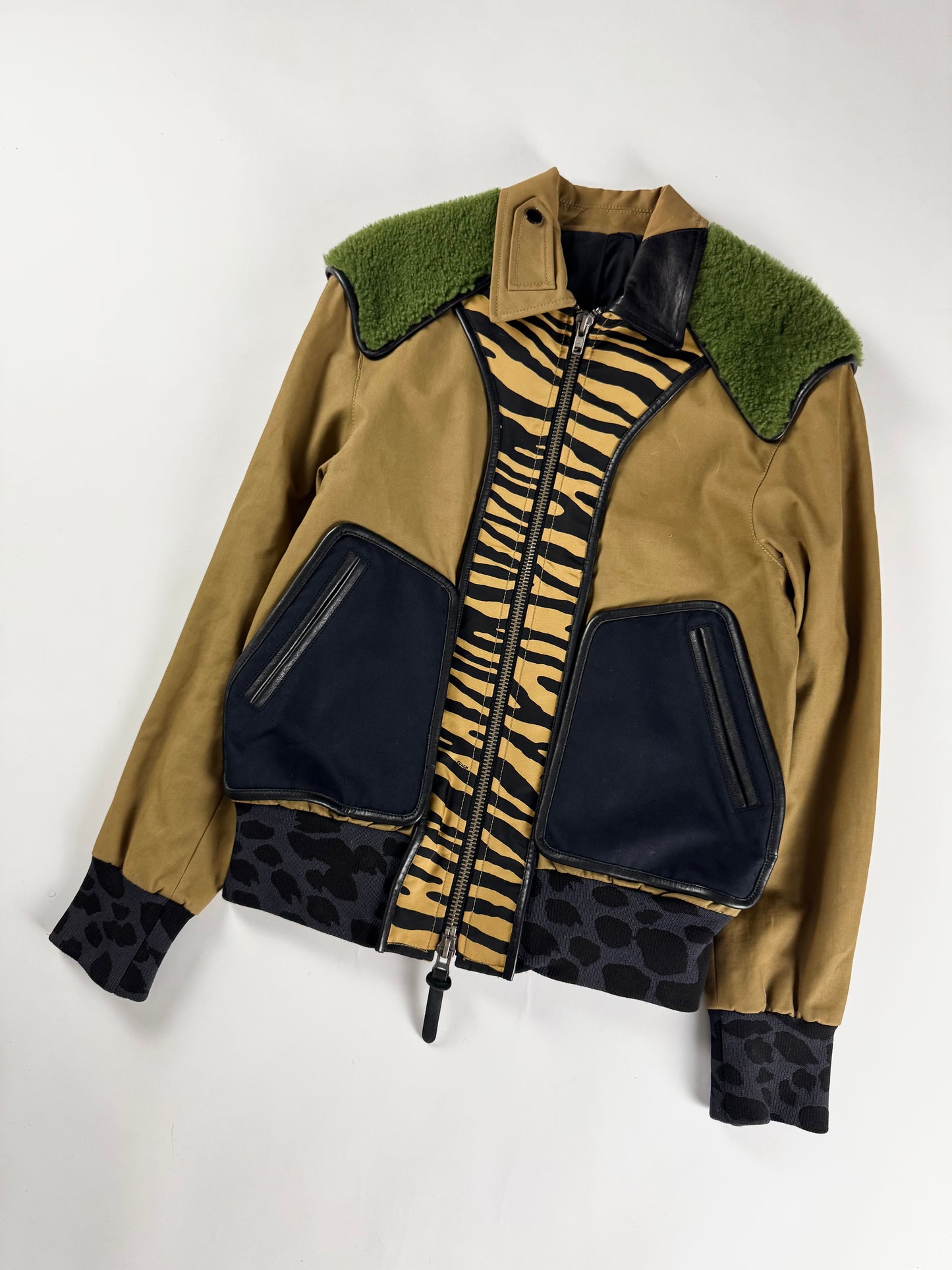 Coach Sample Camel Mixed Animal Print Green Shearling Collar Bomber Jacket SS 2016 - M