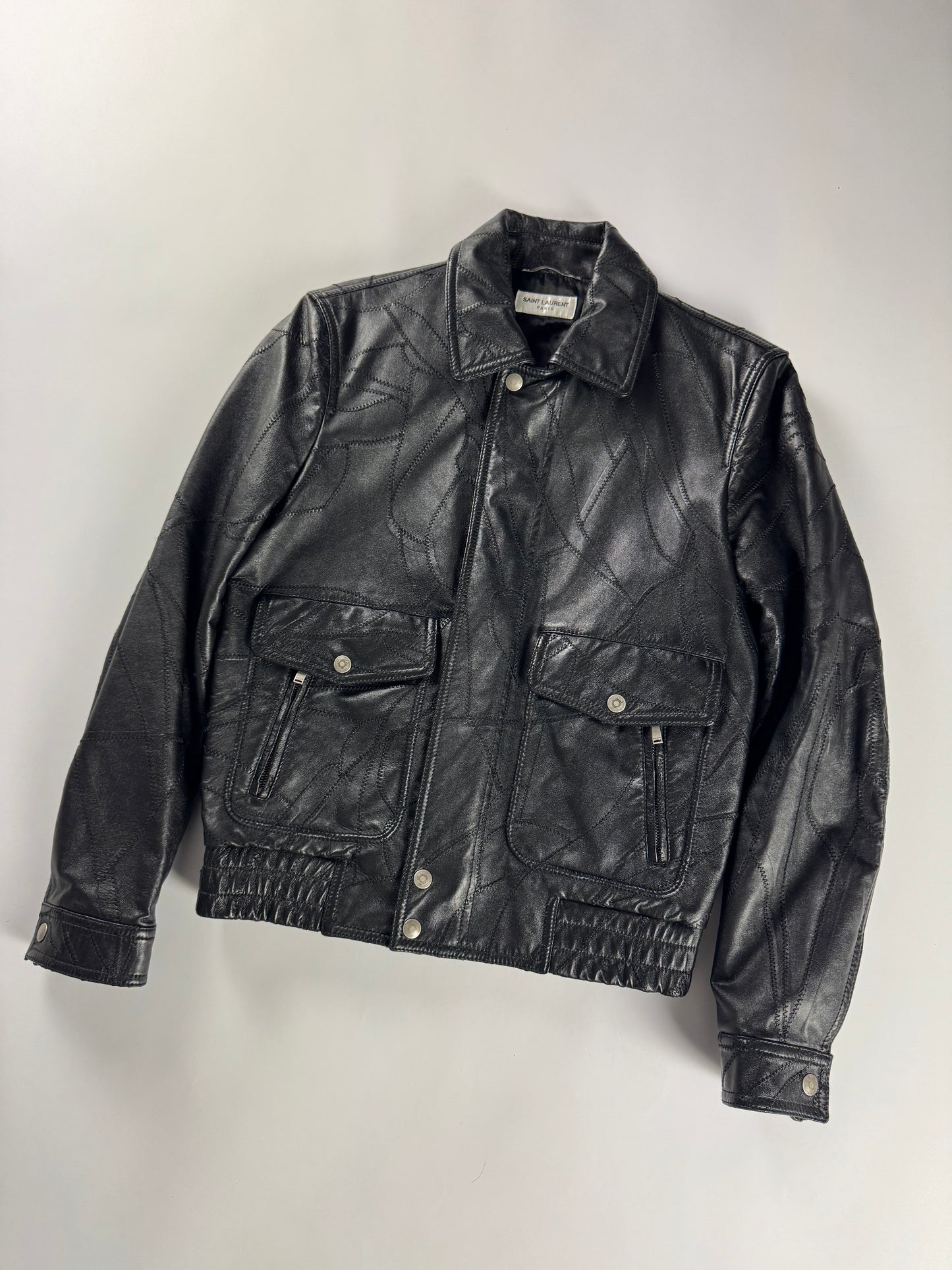 Saint Laurent Sample Leather Paneled Zigzag Stitching Bomber Jacket Pre Fall 2018 - S