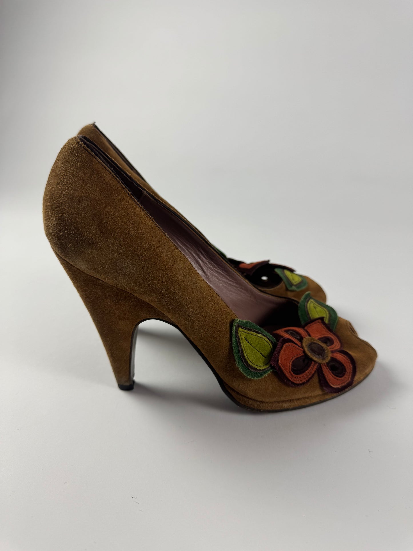 Miu Miu Floral Brown Suede Heels 1990s - 40 IT/41 EU