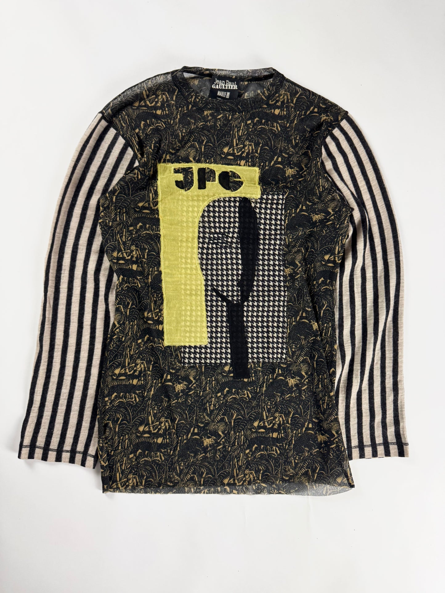 Jean Paul Gaultier Face Graphic Stripe Sleeves Mesh Top SS 2001 - M