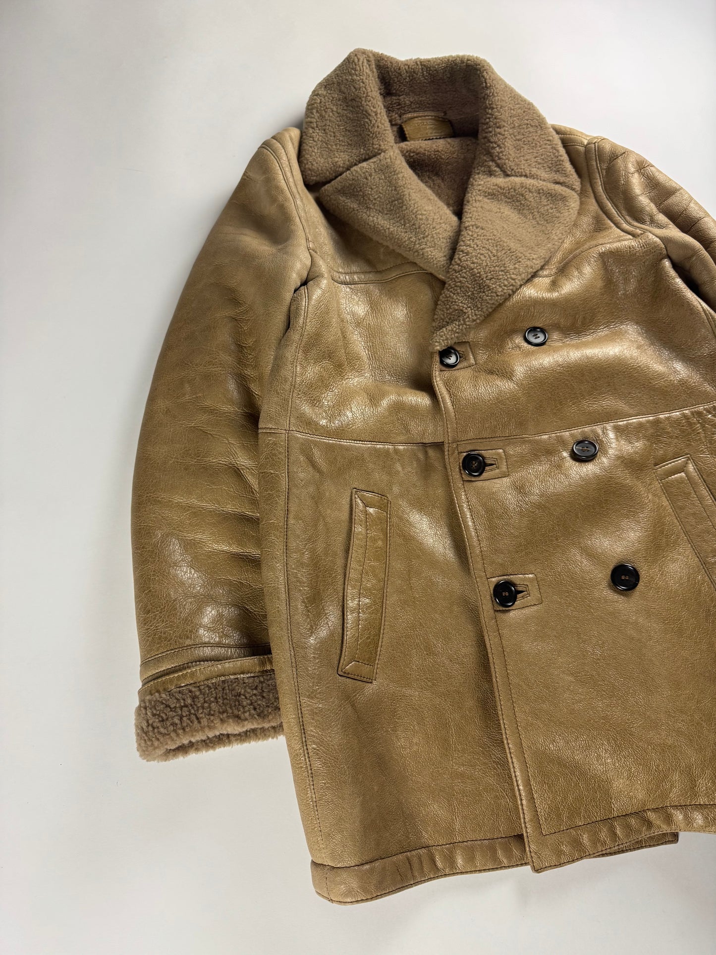 Prada Cream Tan Brown Double Breasted Shearling Leather Coat FW 2006 - L