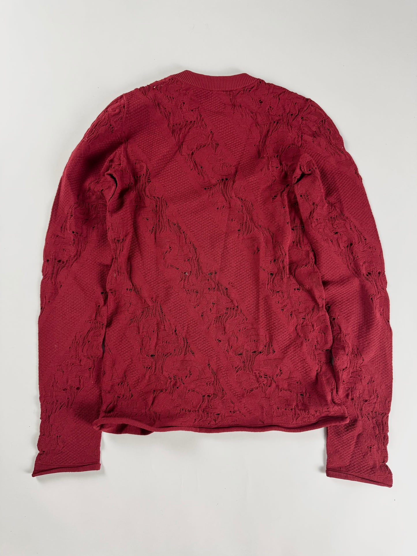 Louis Vuitton Dentelle Burgundy Red Distressed Lace Knit Crewneck Sweater FW 2016 - S