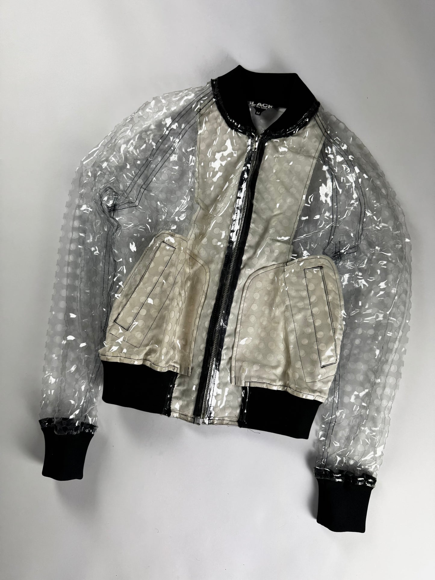 Comme des Garçons BLACK Clear PVC Transparent Polka Dot Lining Black Ribbed Trim Bomber Jacket 2020s - M