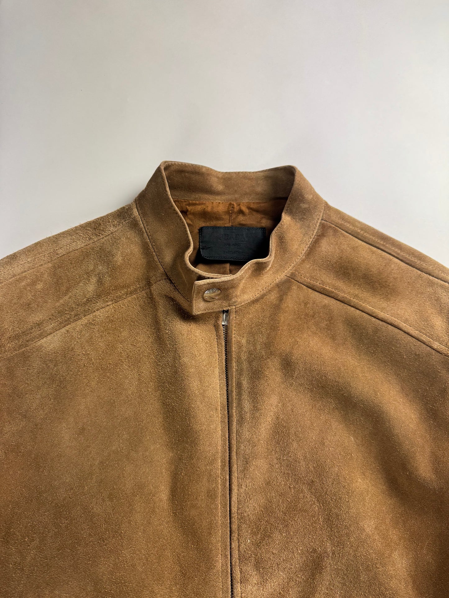 Prada Sample Tan Brown Suede Leather Zipper Moto Jacket FW 1996 - M