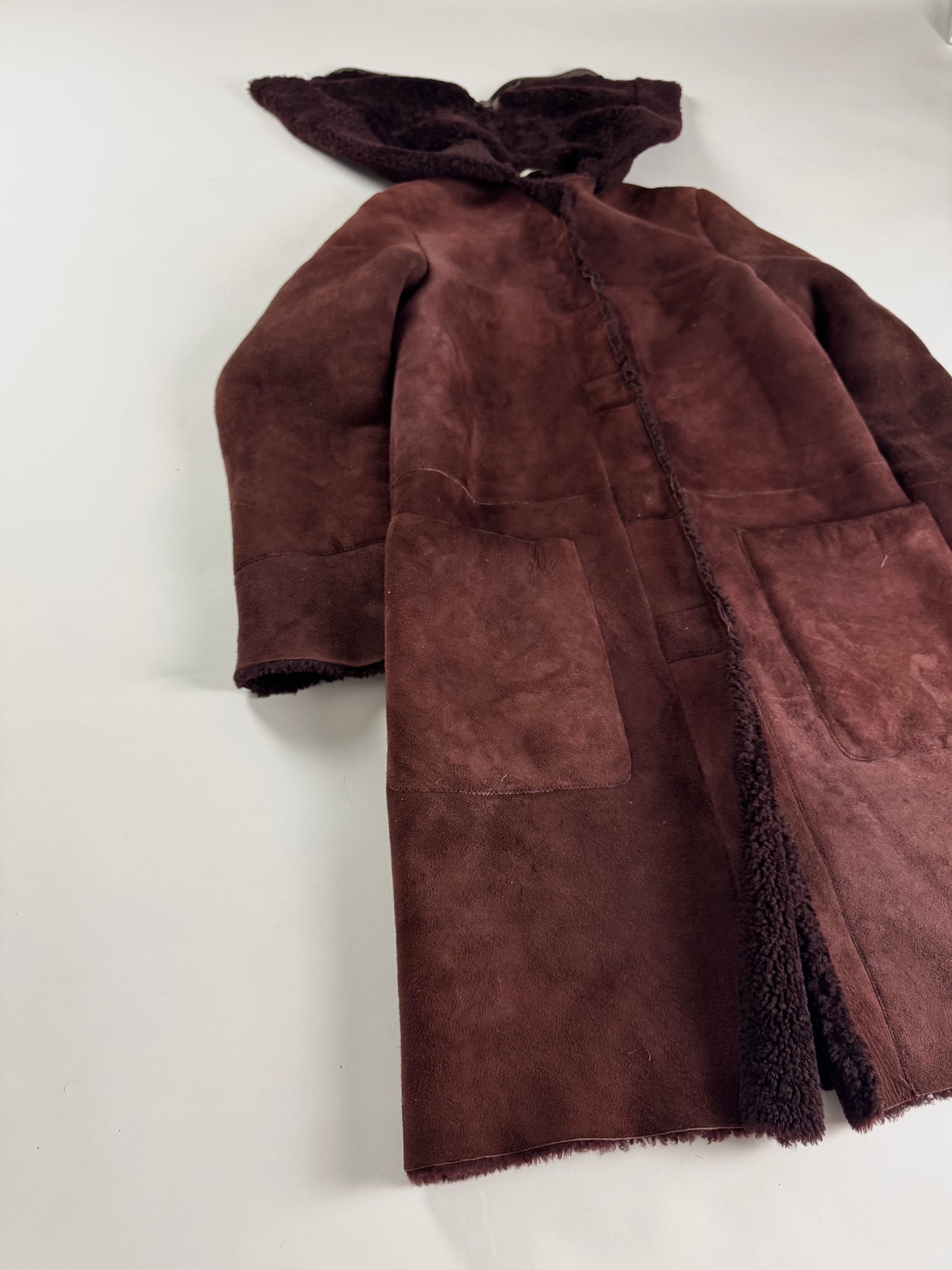Miu Miu Wine Red Half Open Sherpa Hood Shearling Coat 2000s - XS
