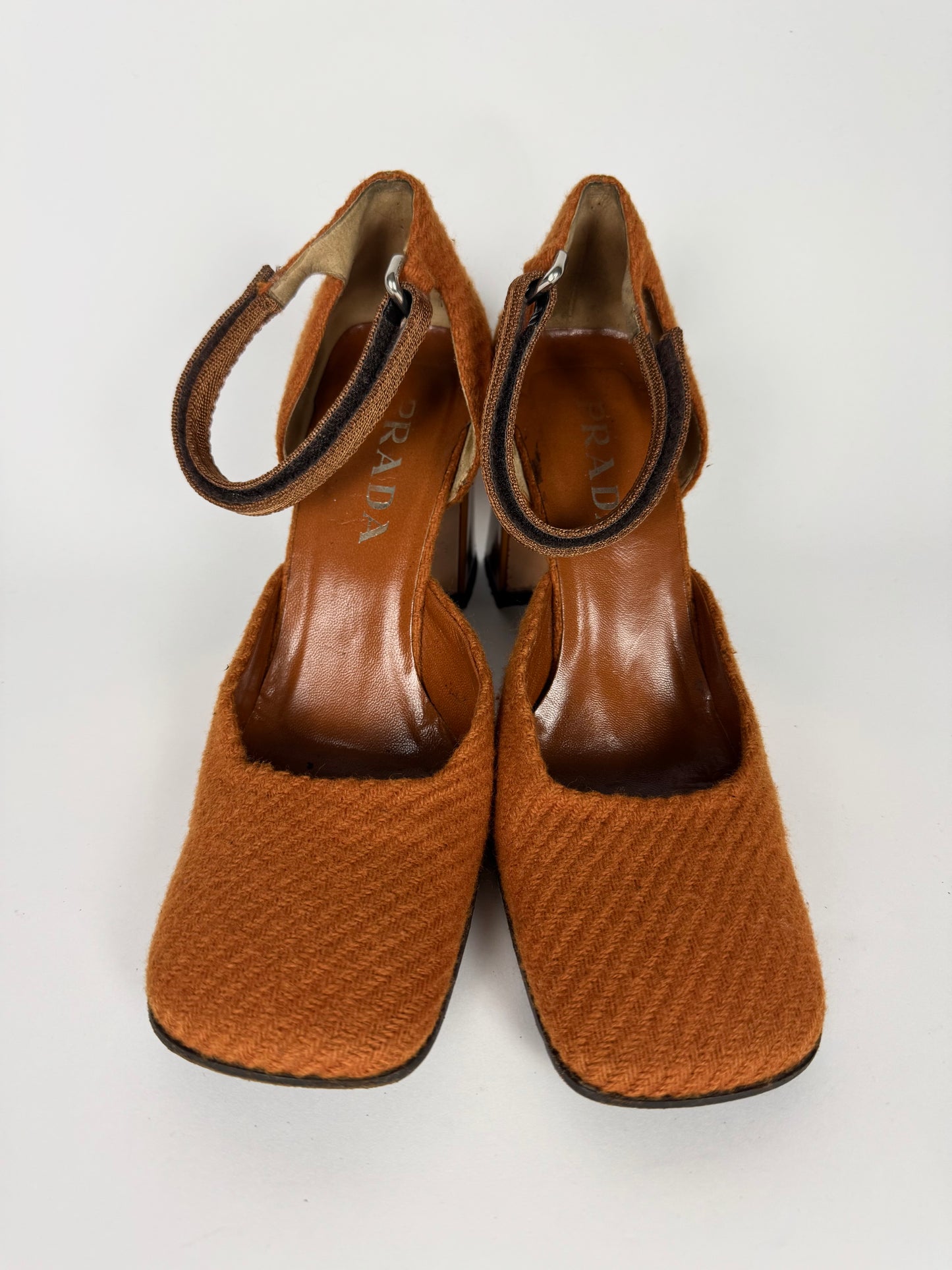 Prada Strapped Orange Mary Jane Tweed Heels FW 1999 - 39 IT/39,5 EU