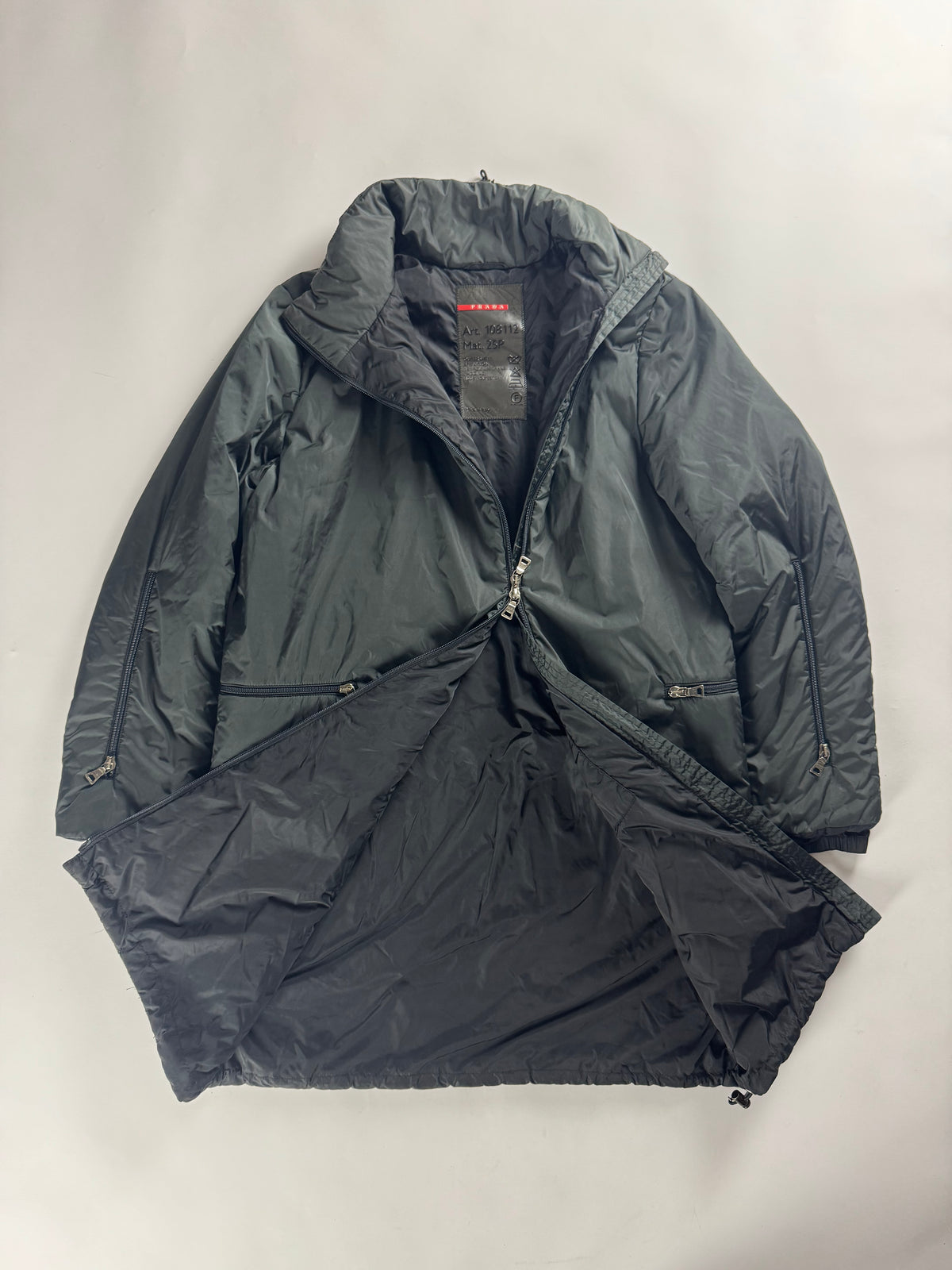 Prada Linea Rossa Long Dark Green Asymmetric Zipper Puffer Jacket FW 1999 - S