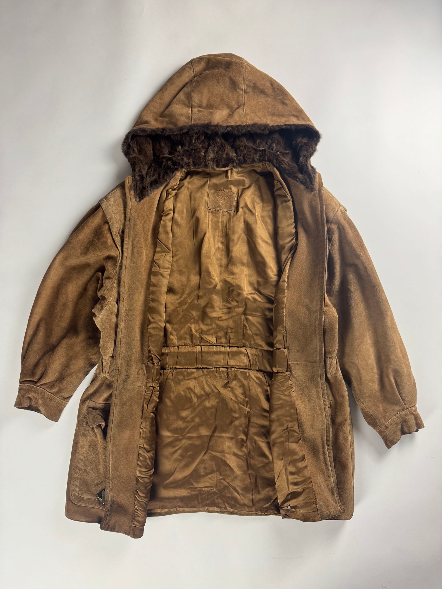 Prada Brown Suede Drawstring Waist Fur Trimmed Parka Jacket FW 1989 - M