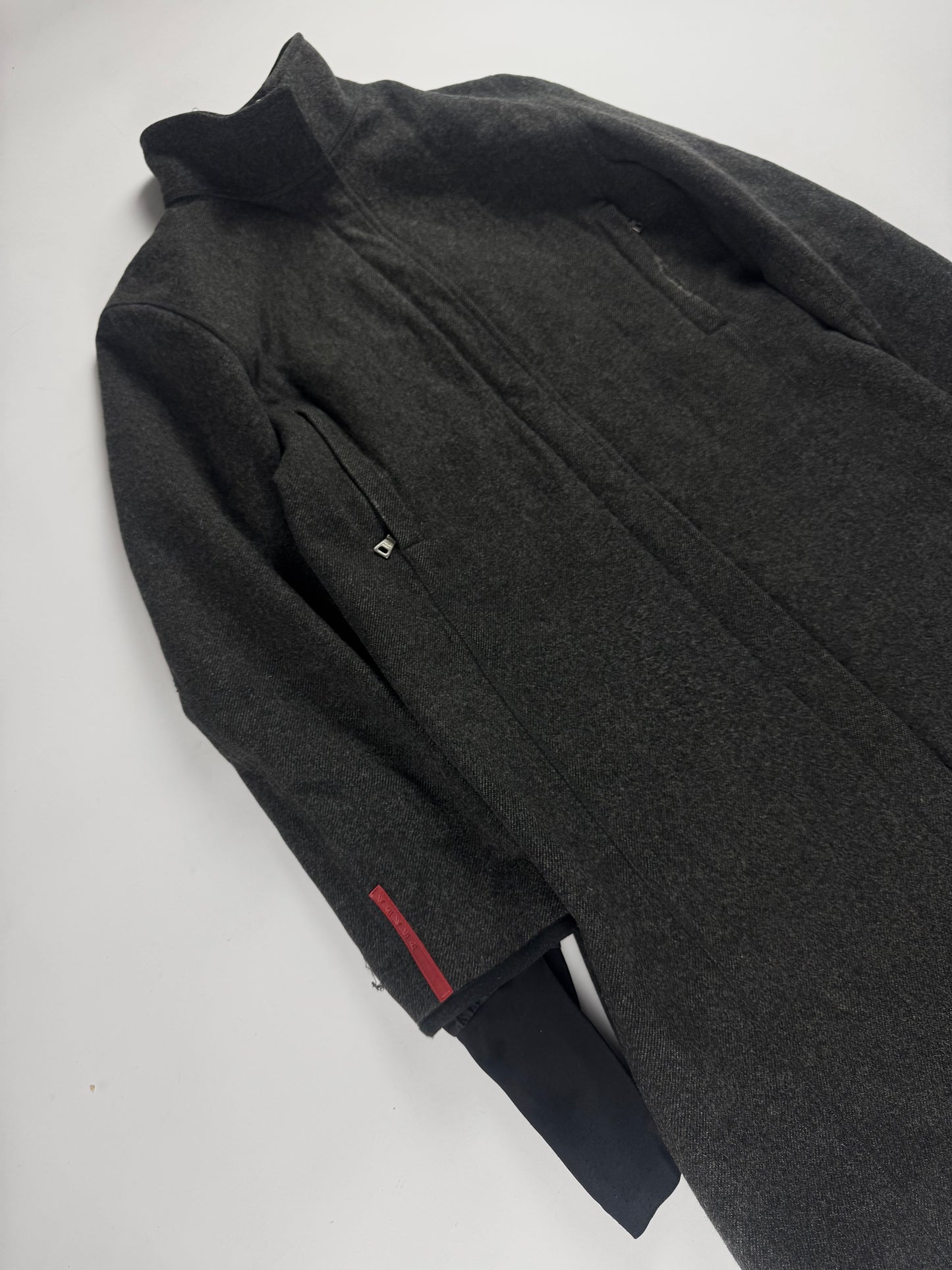 Prada Linea Rossa Funnel Collar Wool Cuffed Long Coat SS 2000 -  S