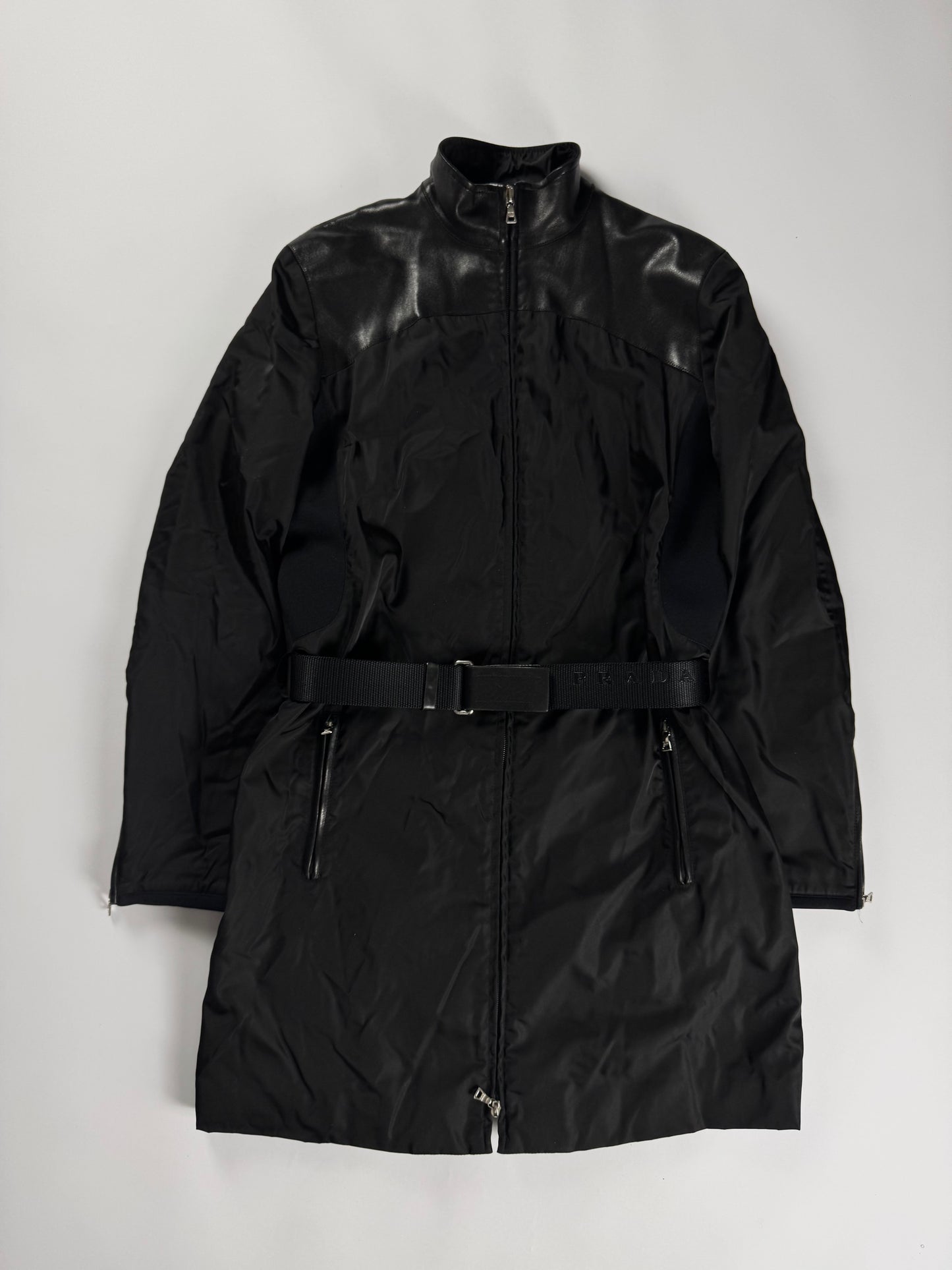 Prada Leather Shoulder Detail Strapped Belted Nylon Hooded Coat FW 1999 - S