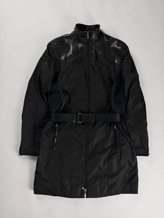 Prada Leather Shoulder Detail Strapped Belted Nylon Hooded Coat FW 1999 - S
