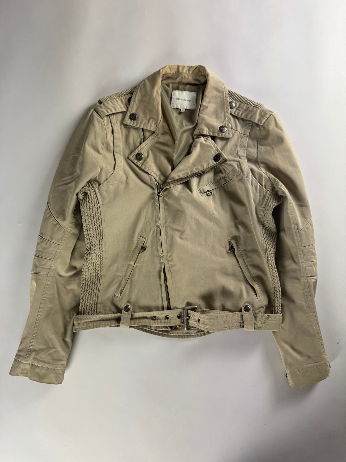 Balmain Tan Beige Belted Waist Biker Jacket 2010s - M