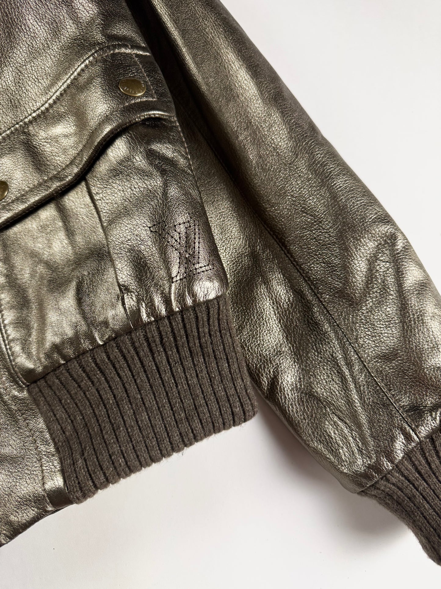 Louis Vuitton Metallic Bronze Leather Fur Collar Gold Hardware Ribbed Trim Bomber Jacket FW 2008 - S