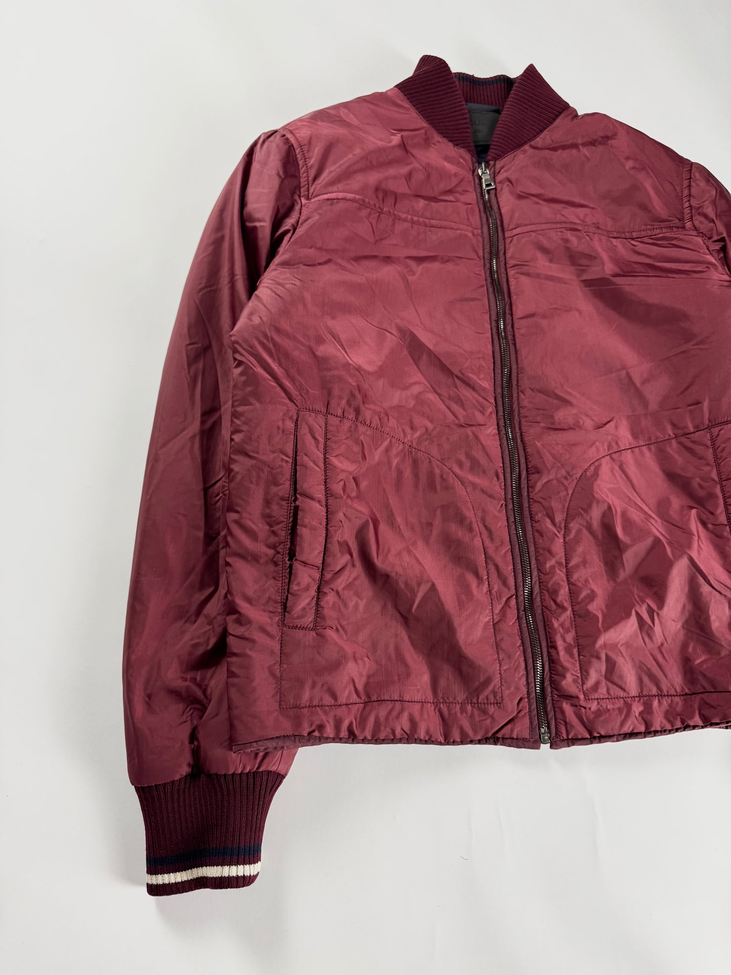 Prada Burgundy Nylon Striped Knit Cuffs Zip Front Bomber Jacket 2010s - M