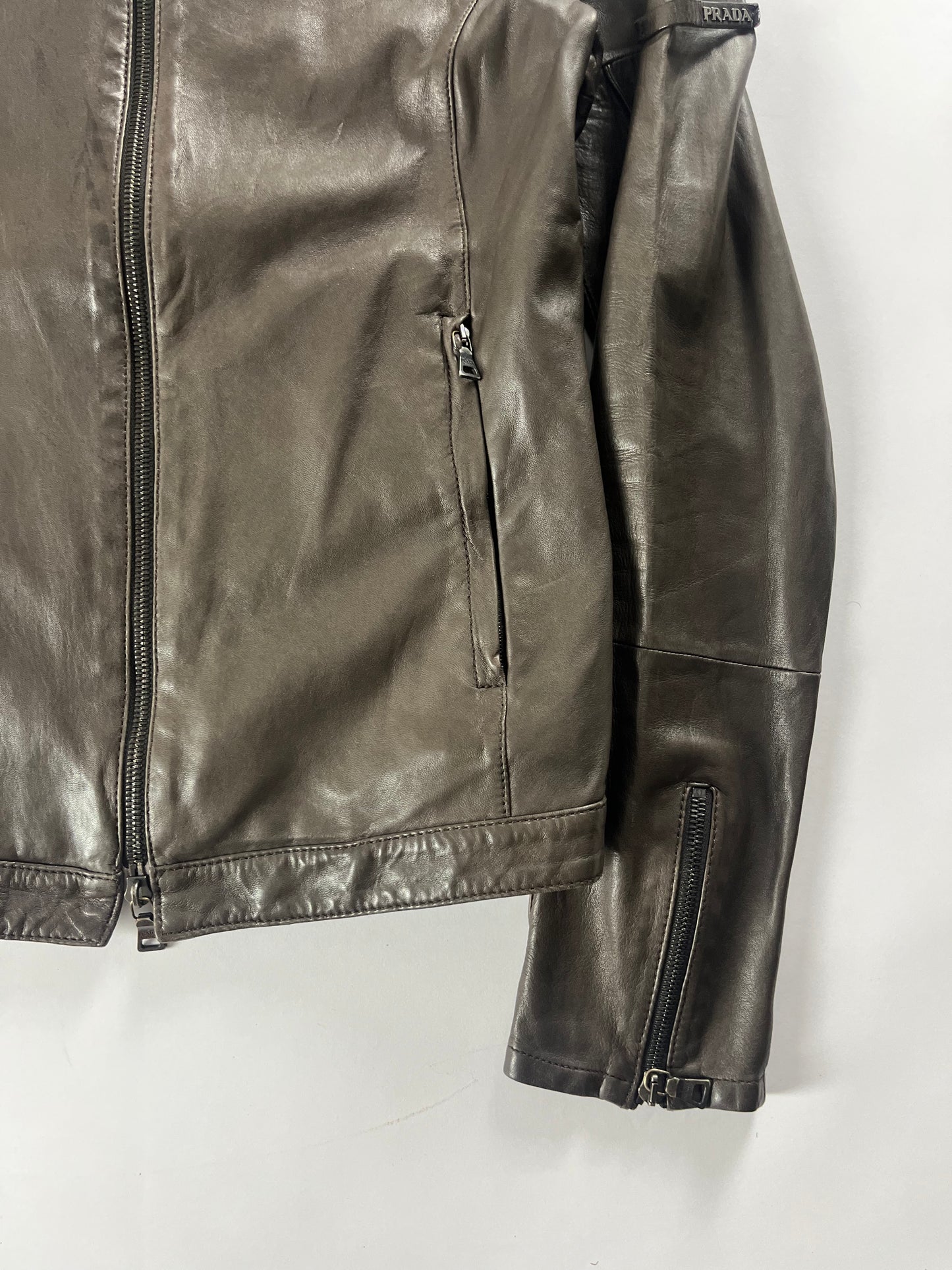 Prada Brown Leather Biker Jacket 2000s - XS