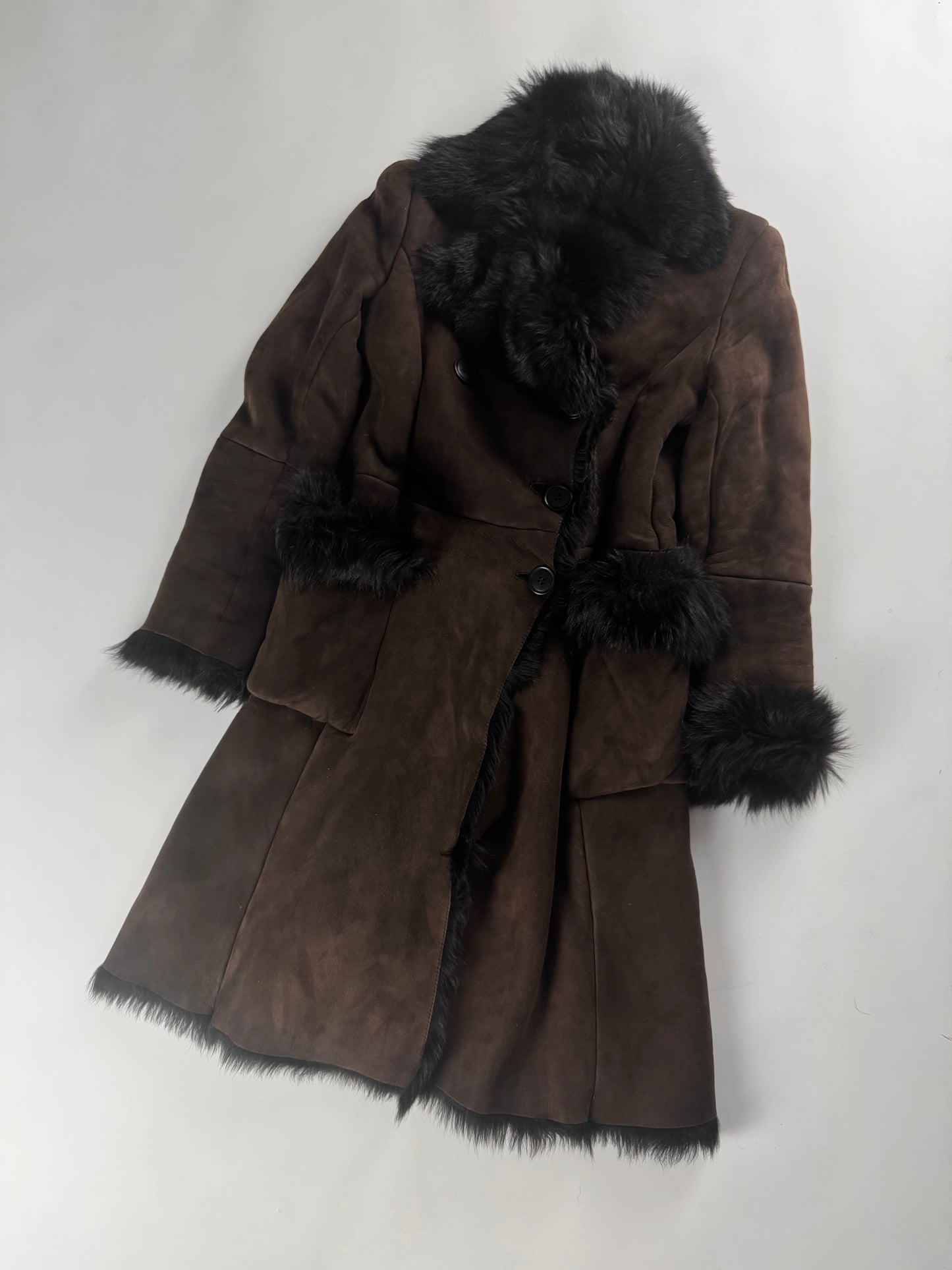 Prada Brown Fur Trimmed Brushed Sheepskin Leather Coat FW 2010 - S