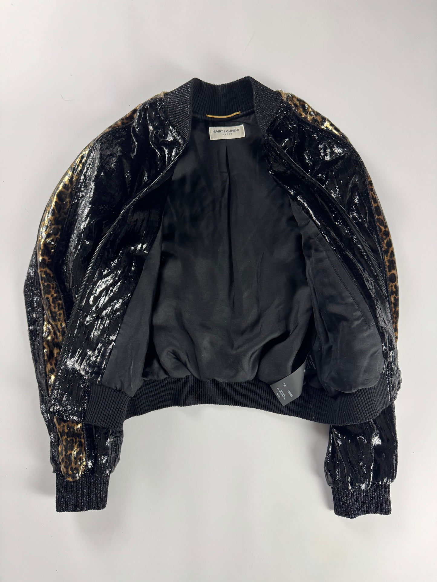 Saint Laurent Velours De Givre Leopard Sleeve Bright Teddy Bomber Jacket FW 2019 - XS