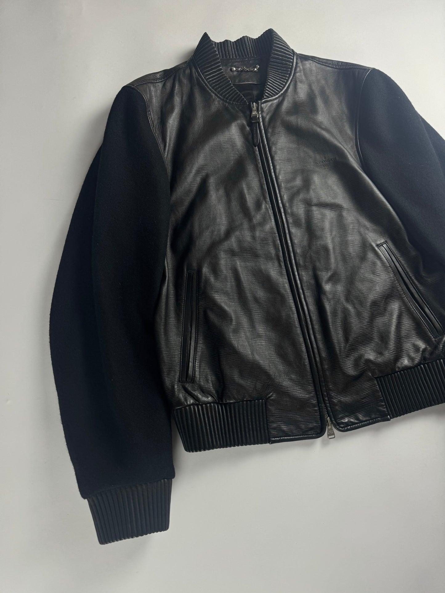 Louis Vuitton Sample Black Wool Sleeves Epi Leather Bomber Jacket Pre Fall 2013 - M