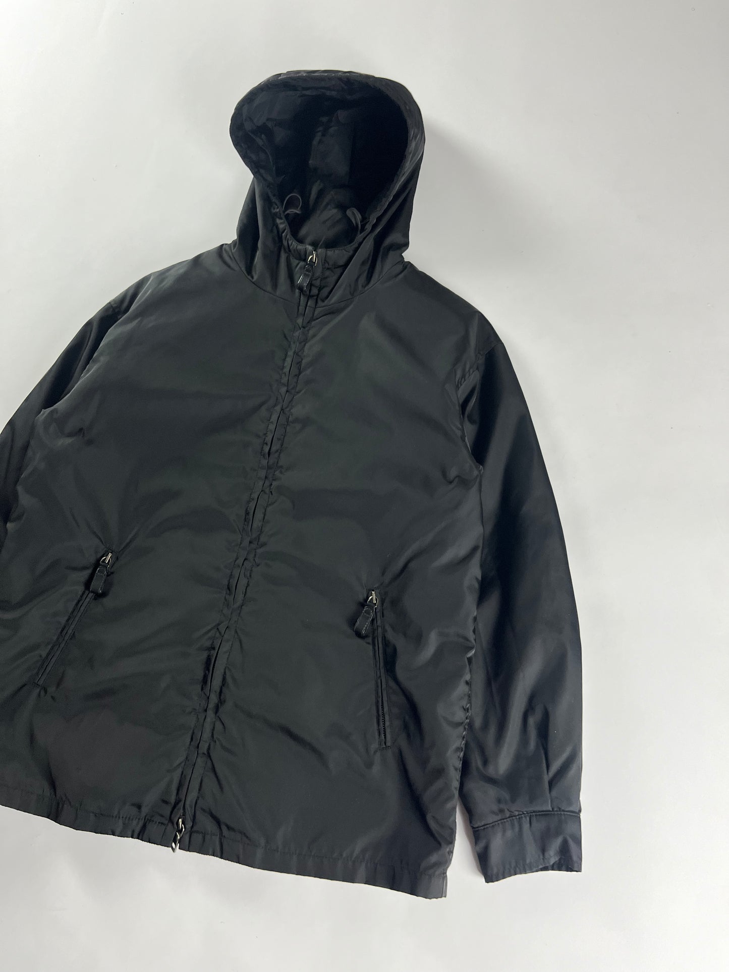 Prada Minimalist Black Nylon Double Zip Hooded Jacket 2000s - S