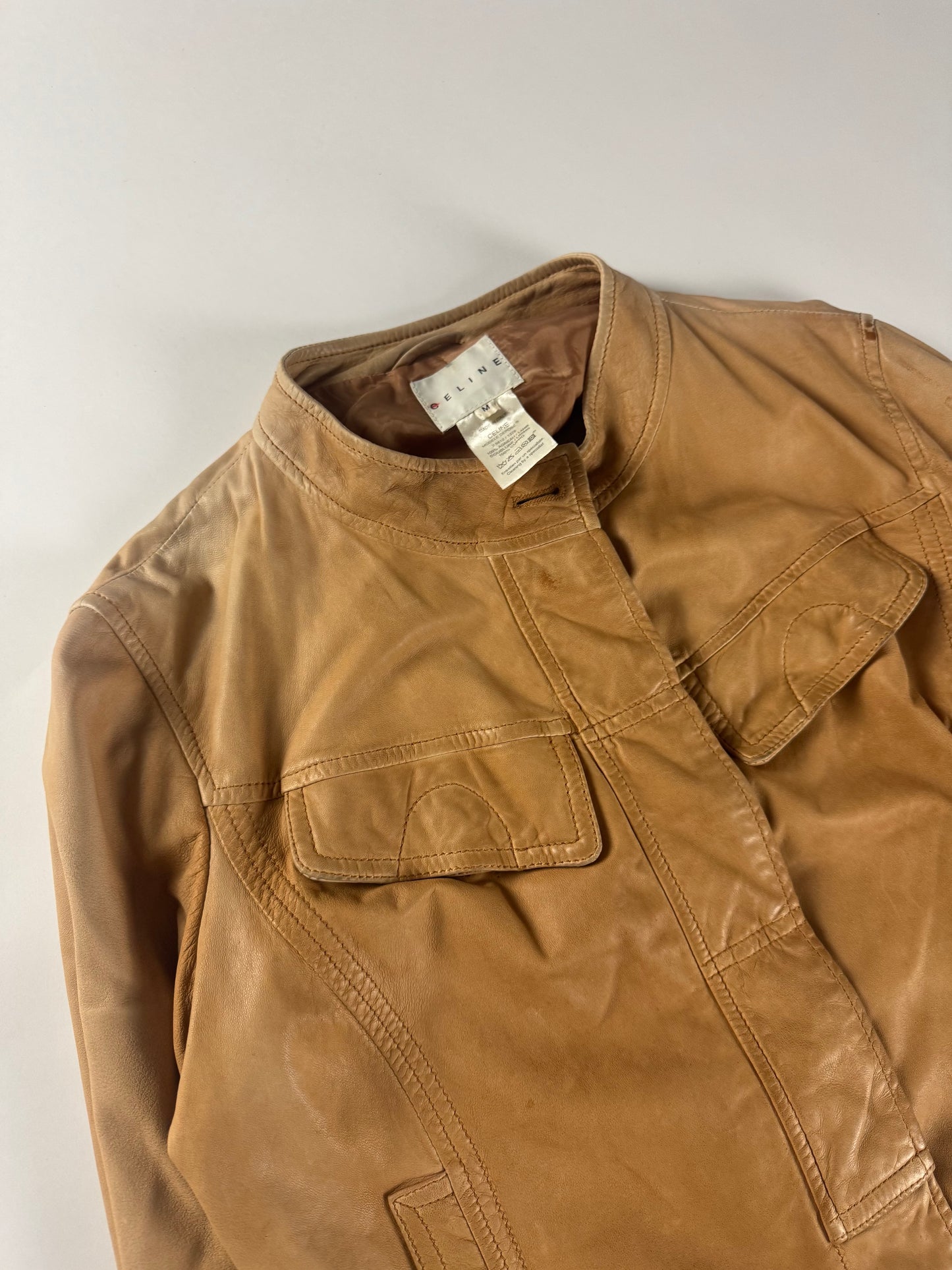 Celine Camel Faded Leather Button Up Rider Jacket 2000s - M