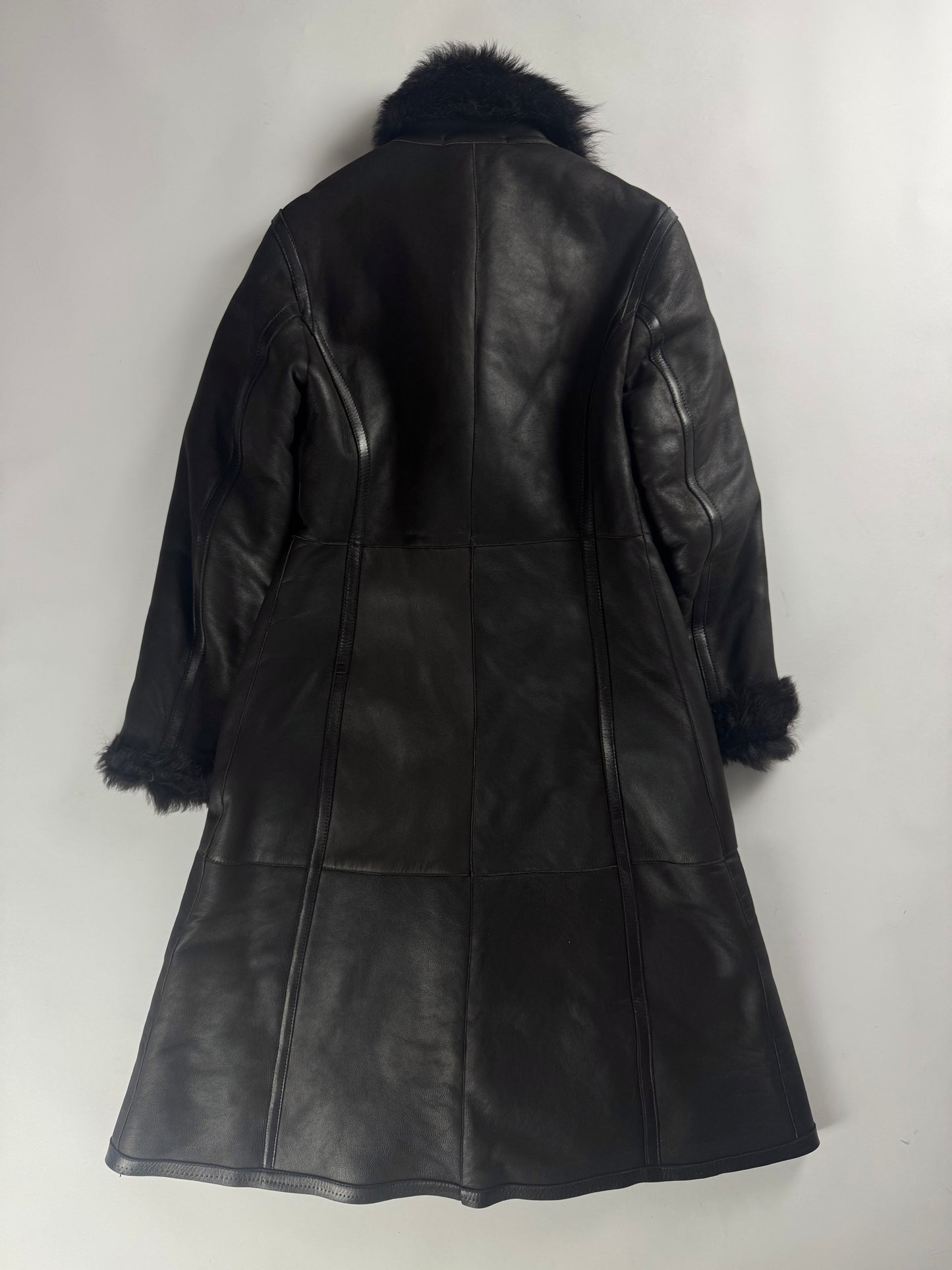Prada Dark Fur Trimmed Double Breasted Sheepskin Leather Coat 2000s - S