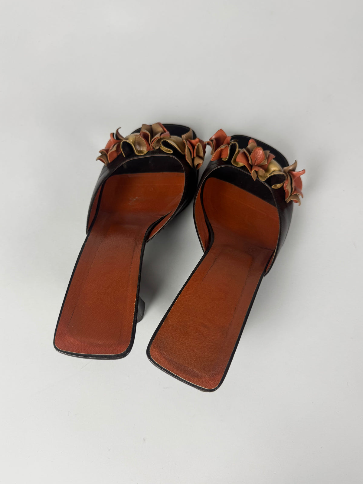 Prada Leather Floral Embellishment Square Toe Heel Mules 1990s - 38 IT/39 EU