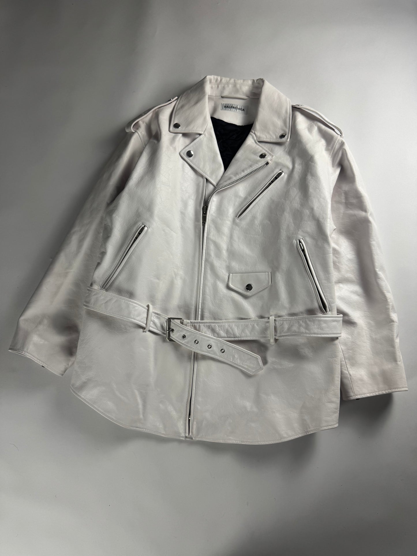 Balenciaga 80s Biker Smooth Optical White Calf Leather Oversized Perfecto Jacket SS 2020 - M