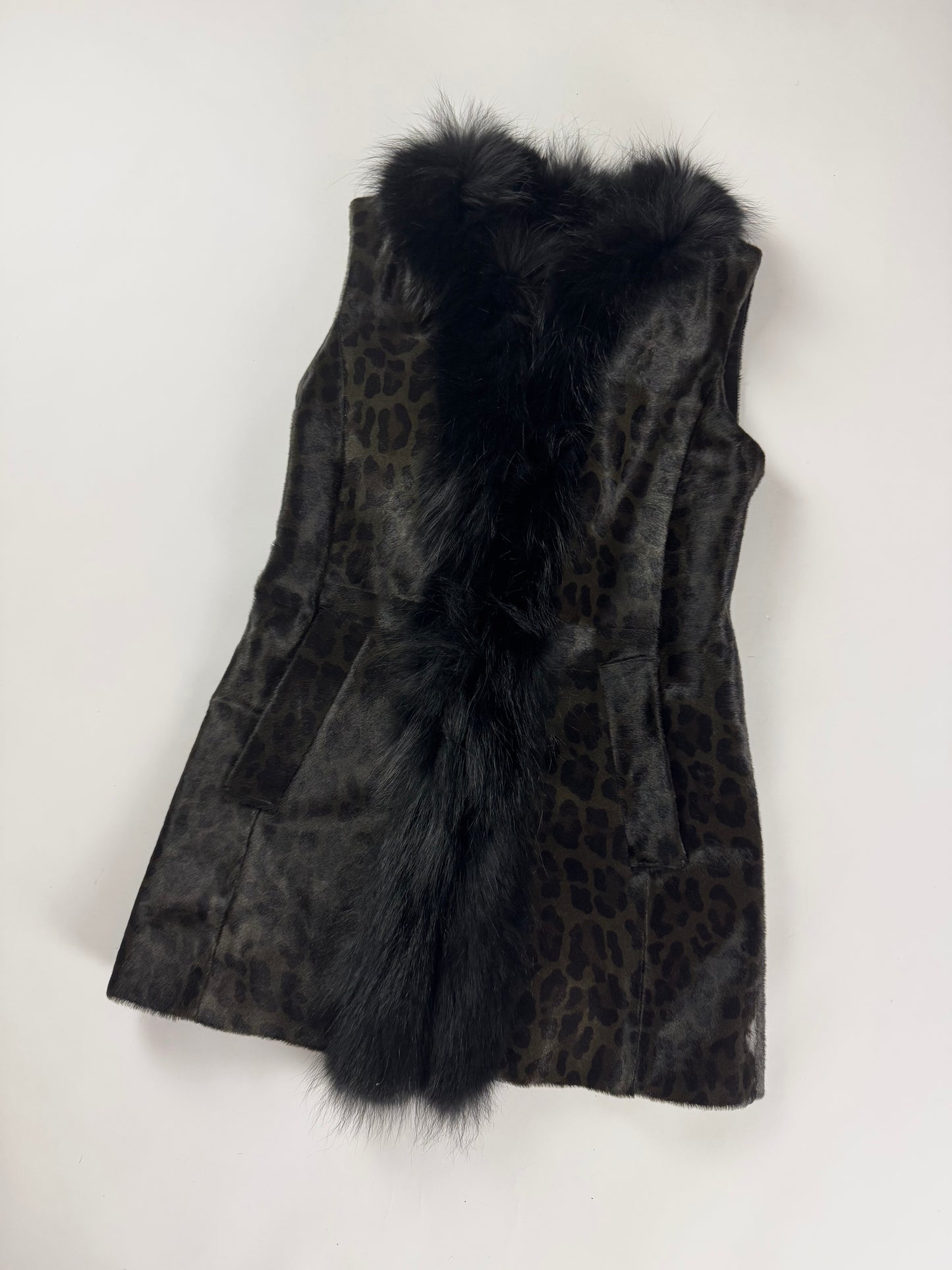 Prada Leopard Ponyhair Print Coyote Fur Trimmed Sleeveless Coat FW 2012 - XS