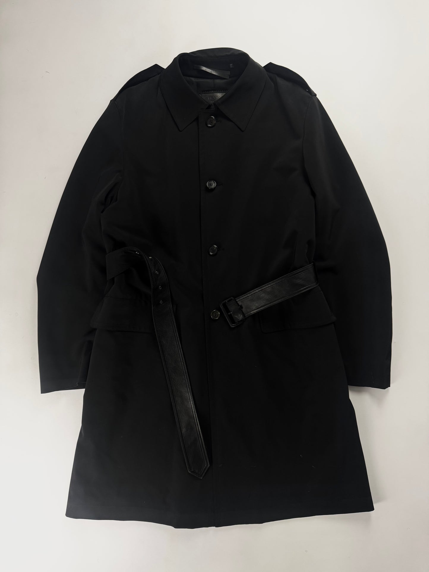 Prada Milano Black Single Breasted Minimalist Belted Coat FW 2000 - L