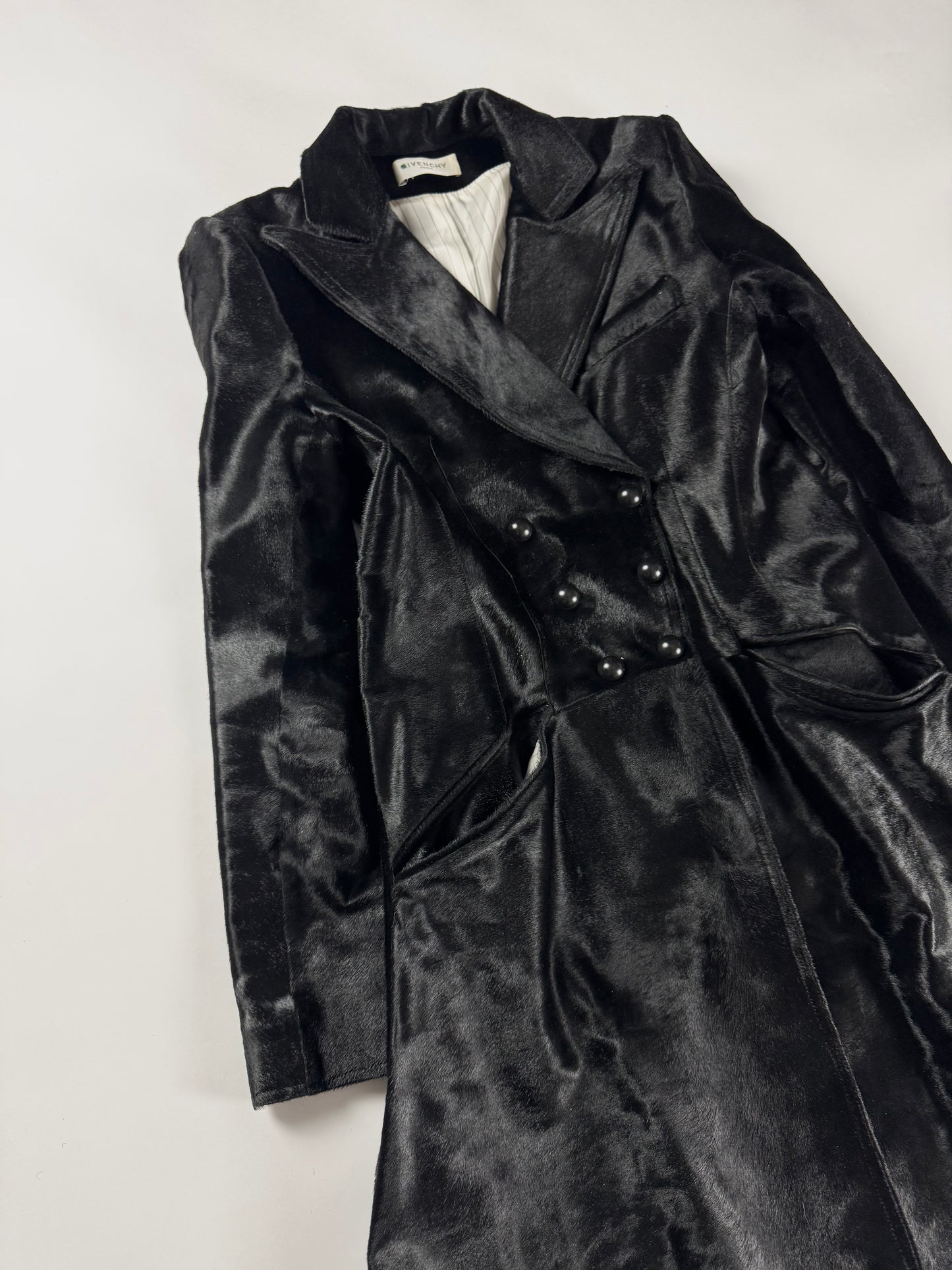 Givenchy Black Ponyhair Calf Hair Double Breasted Flared Midi Coat 2010s - S
