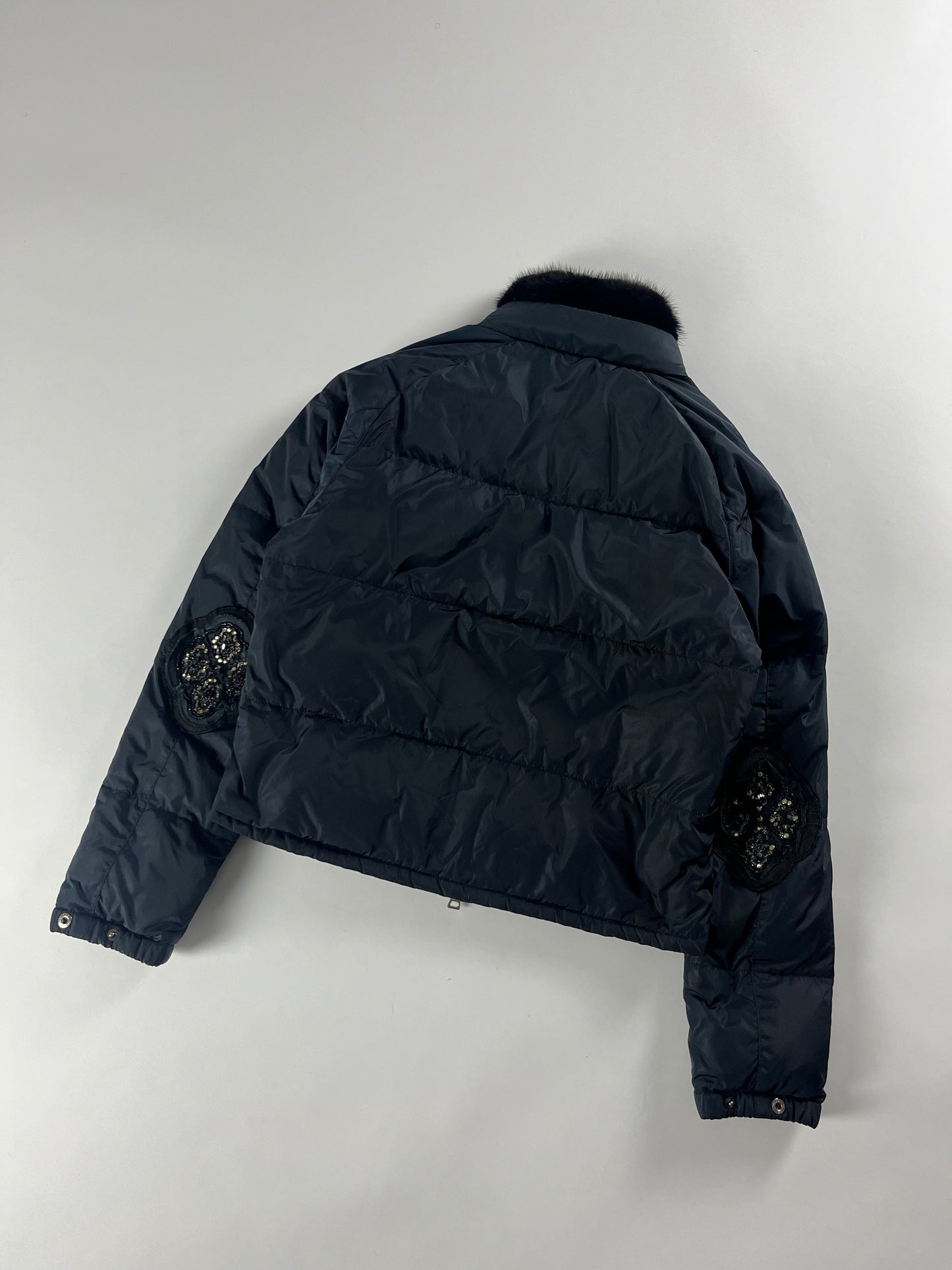 Prada Navy Crop Puffer Rhinestone Elbows Jacket FW 2004 - XS