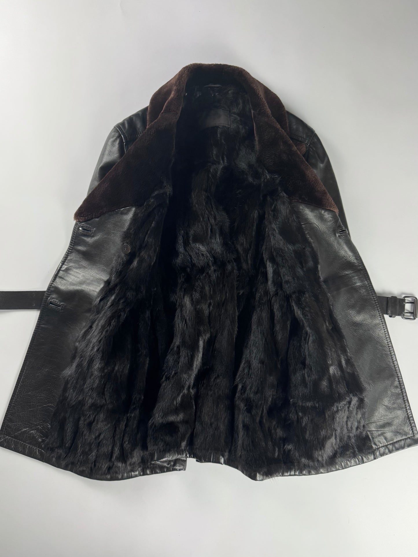 Prada Inside Fur Double Breasted Belted Leather Coat FW 1996 - S