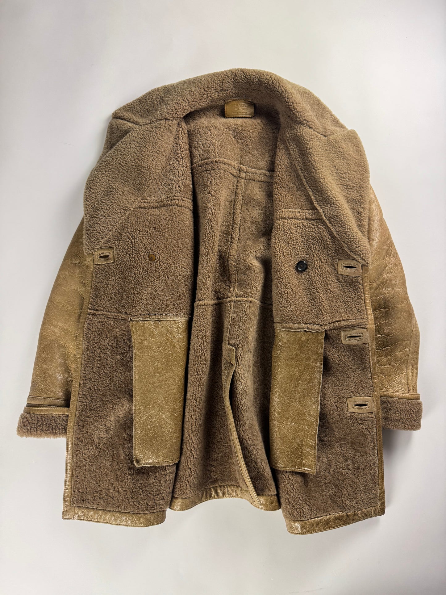 Prada Cream Tan Brown Double Breasted Shearling Leather Coat FW 2006 - L