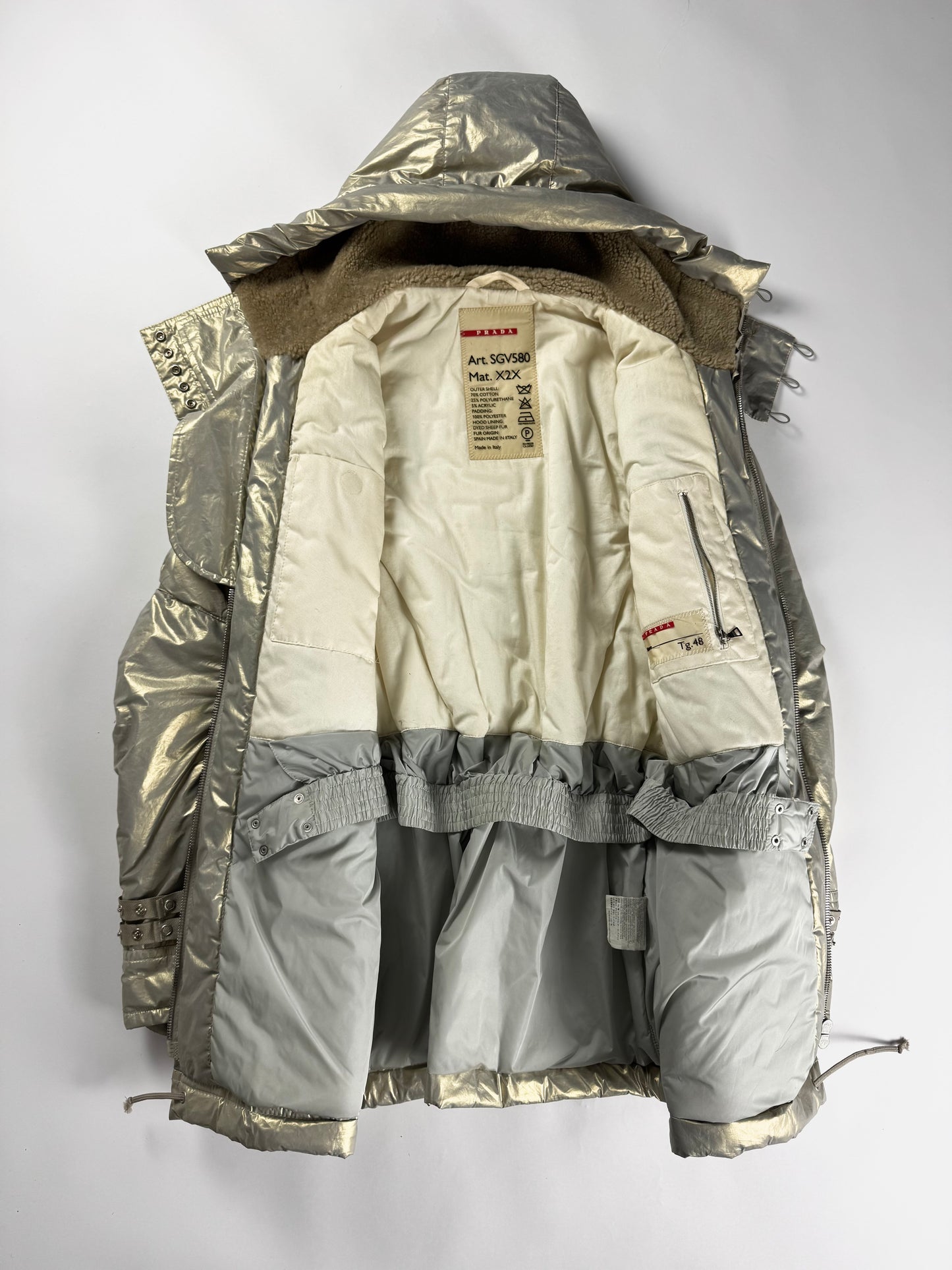 Prada Bright Silver Thermal Shearling Lining Astronaute Parka Jacket 2000s - M