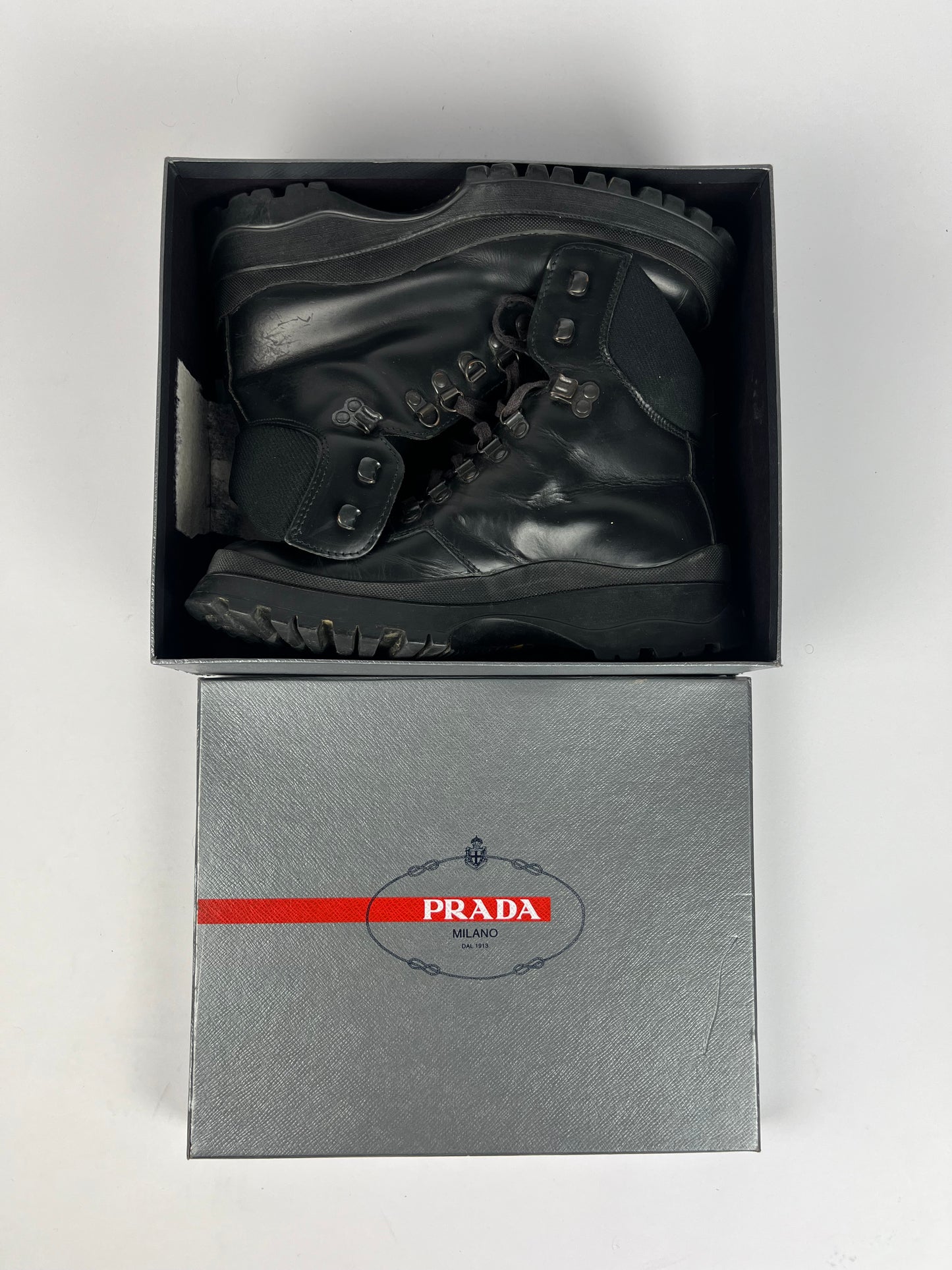 Prada Black Leather Combats High Boots FW 1998 - 41 EU