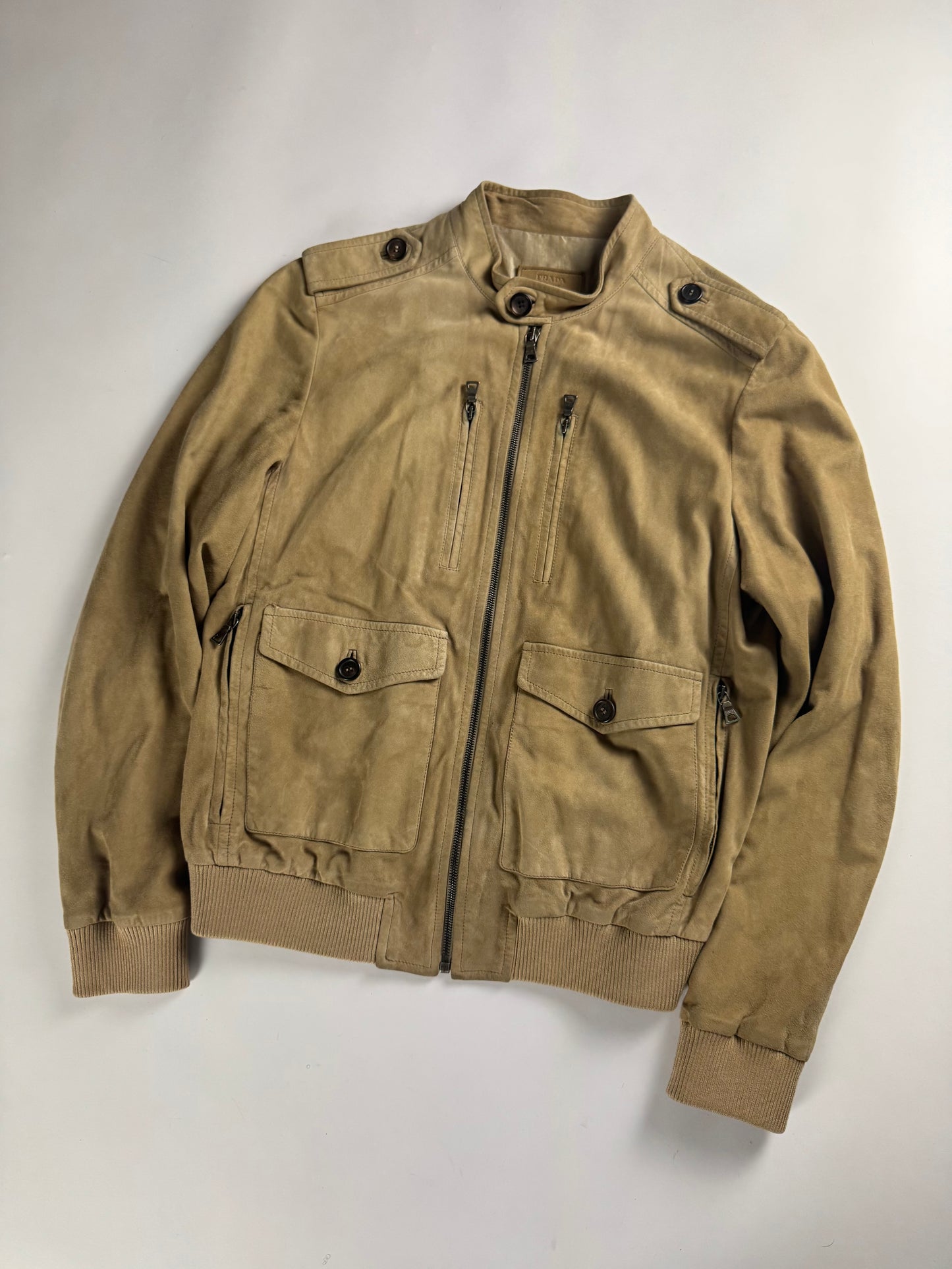 Prada Sand Suede Leather Aviator Bomber Jacket 2010s - M