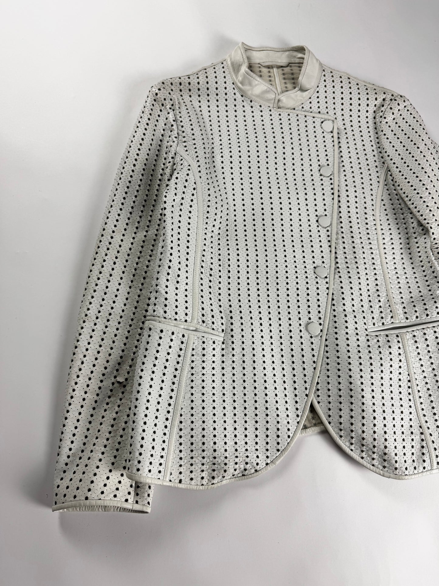 Emporio Armani White Perforated Leather Asymmetric Button Jacket 2010s - S