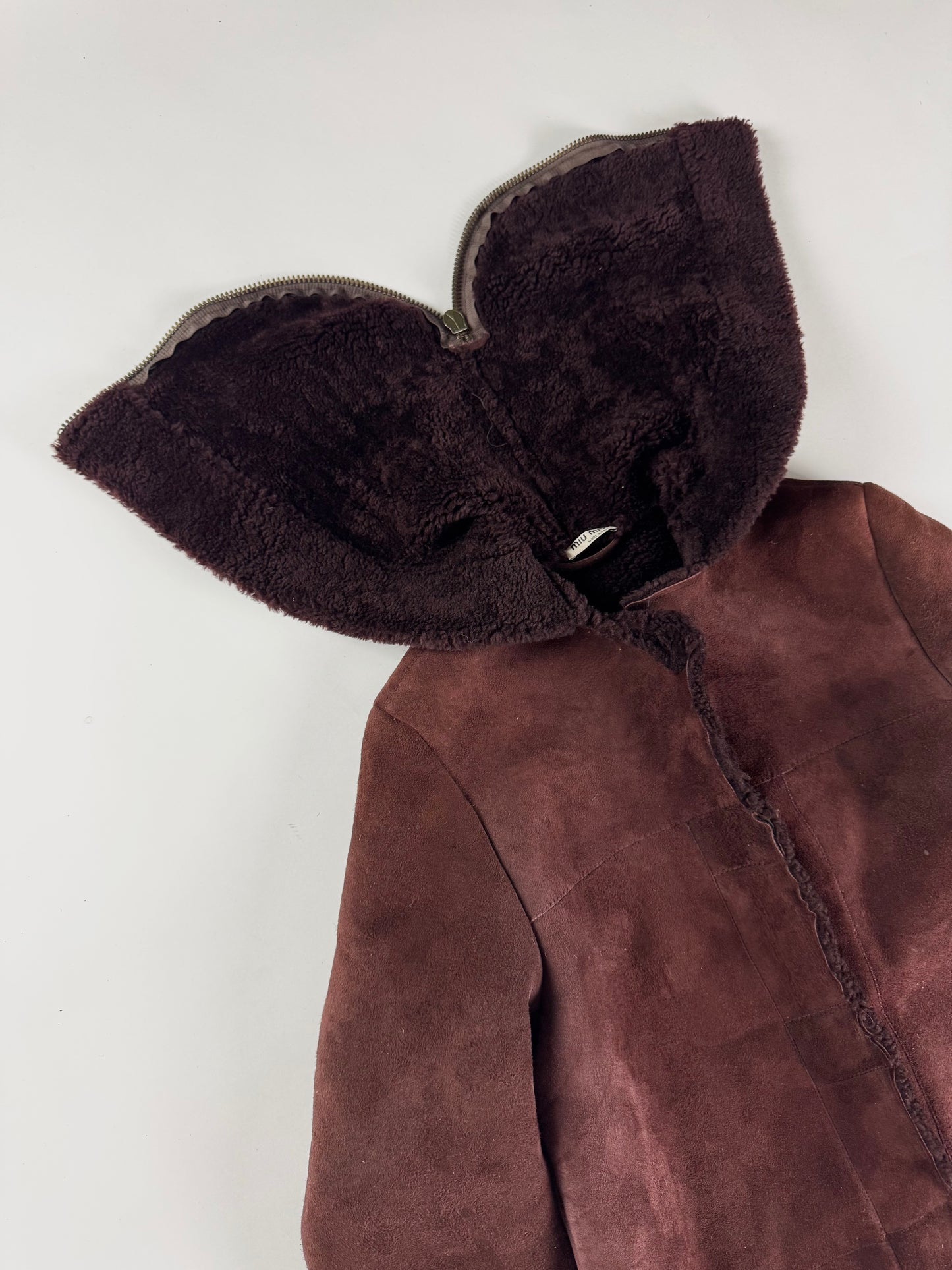Miu Miu Wine Red Half Open Sherpa Hood Shearling Coat 2000s - XS