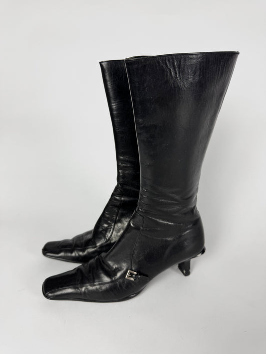 Prada Dark Belted Leather Boots SS 2000 - 37 IT/38 EU